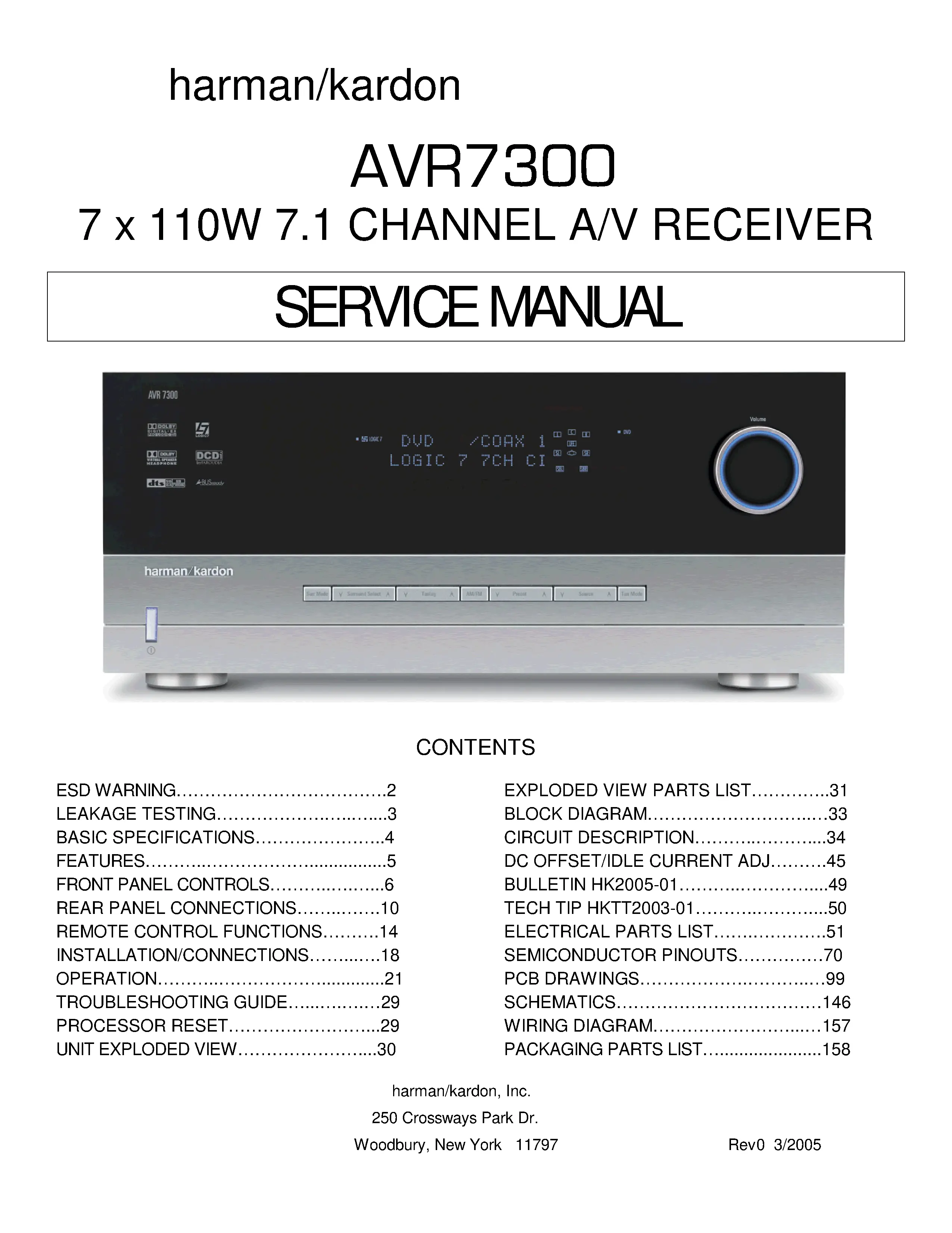 Harman kardon avr 7300 service manual cover with picture of the AV Receiver with model type and number