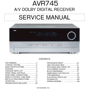 Harman kardon avr 745 service manual cover with picture of the AV Receiver with model type and number