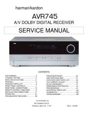 Harman kardon avr 745 service manual cover with picture of the AV Receiver with model type and number