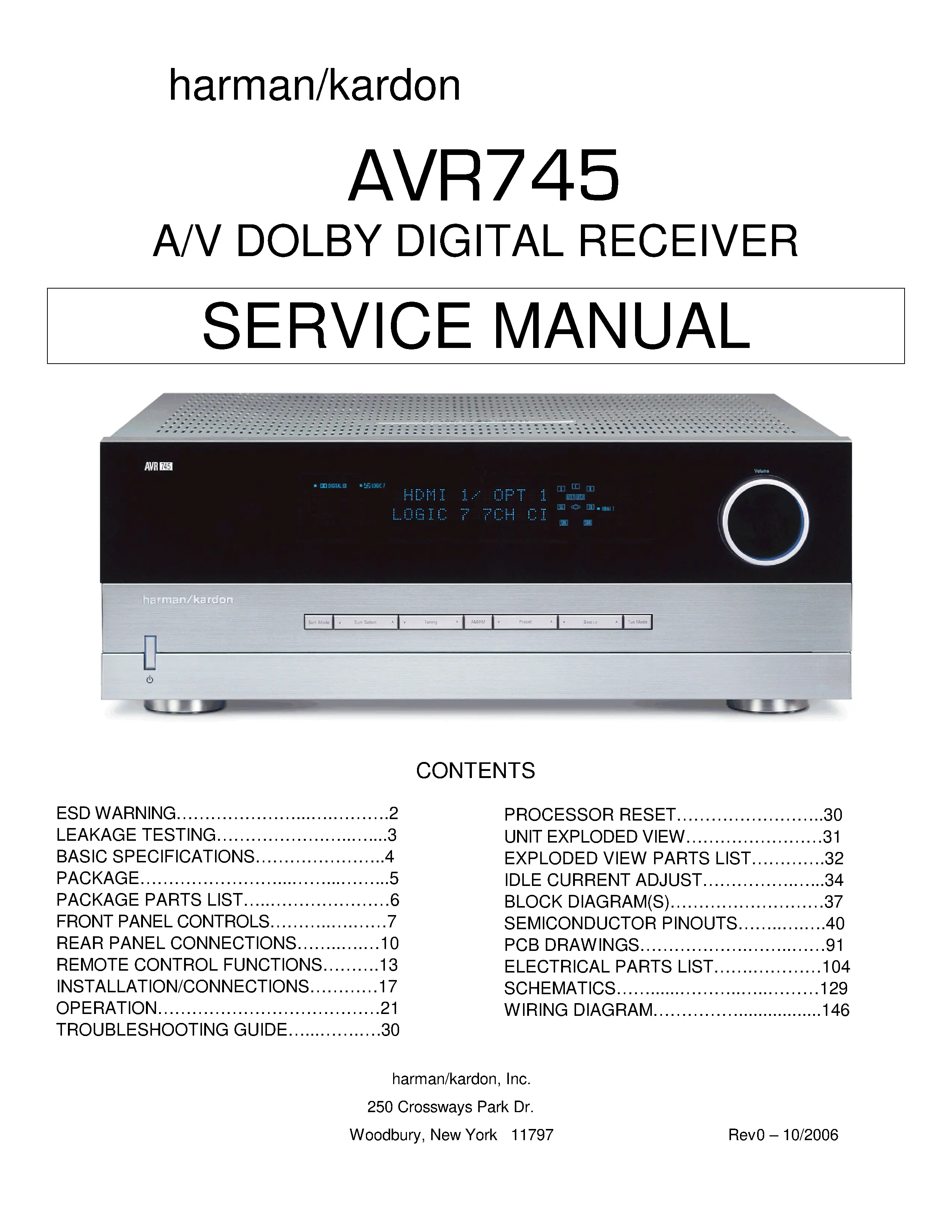 Harman kardon avr 745 service manual cover with picture of the AV Receiver with model type and number