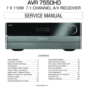 Harman kardon avr 7550hd service manual cover with picture of the AV Receiver with model type and number