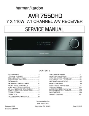 Harman kardon avr 7550hd service manual cover with picture of the AV Receiver with model type and number