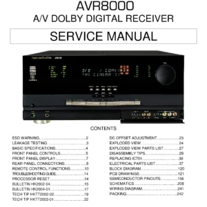Harman kardon avr 8000 service manual cover with picture of the AV Receiver with model type and number
