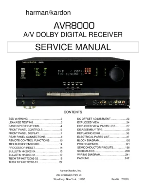 Harman kardon avr 8000 service manual cover with picture of the AV Receiver with model type and number