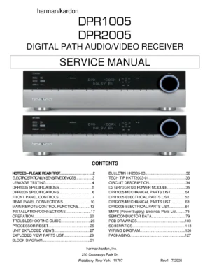 Harman kardon dpr 1005 2005 service manual cover with picture of the AV Receiver with model type and number