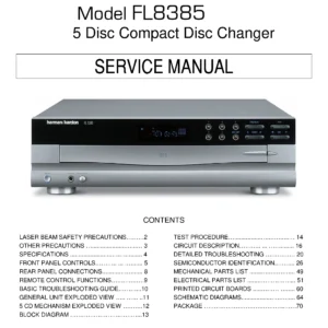 Harman kardon fl 8385 service manual cover with picture of the AV Receiver with model type and number