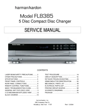 Harman kardon fl 8385 service manual cover with picture of the AV Receiver with model type and number