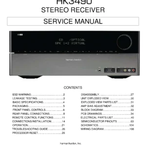 Harman kardon hk 3490 service manual cover with picture of the AV Receiver with model type and number