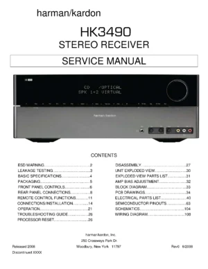 Harman kardon hk 3490 service manual cover with picture of the AV Receiver with model type and number