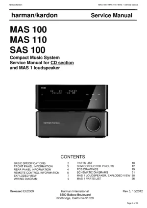 Harman kardon mas sas 100 110 service manual cover with picture of the AV Receiver with model type and number