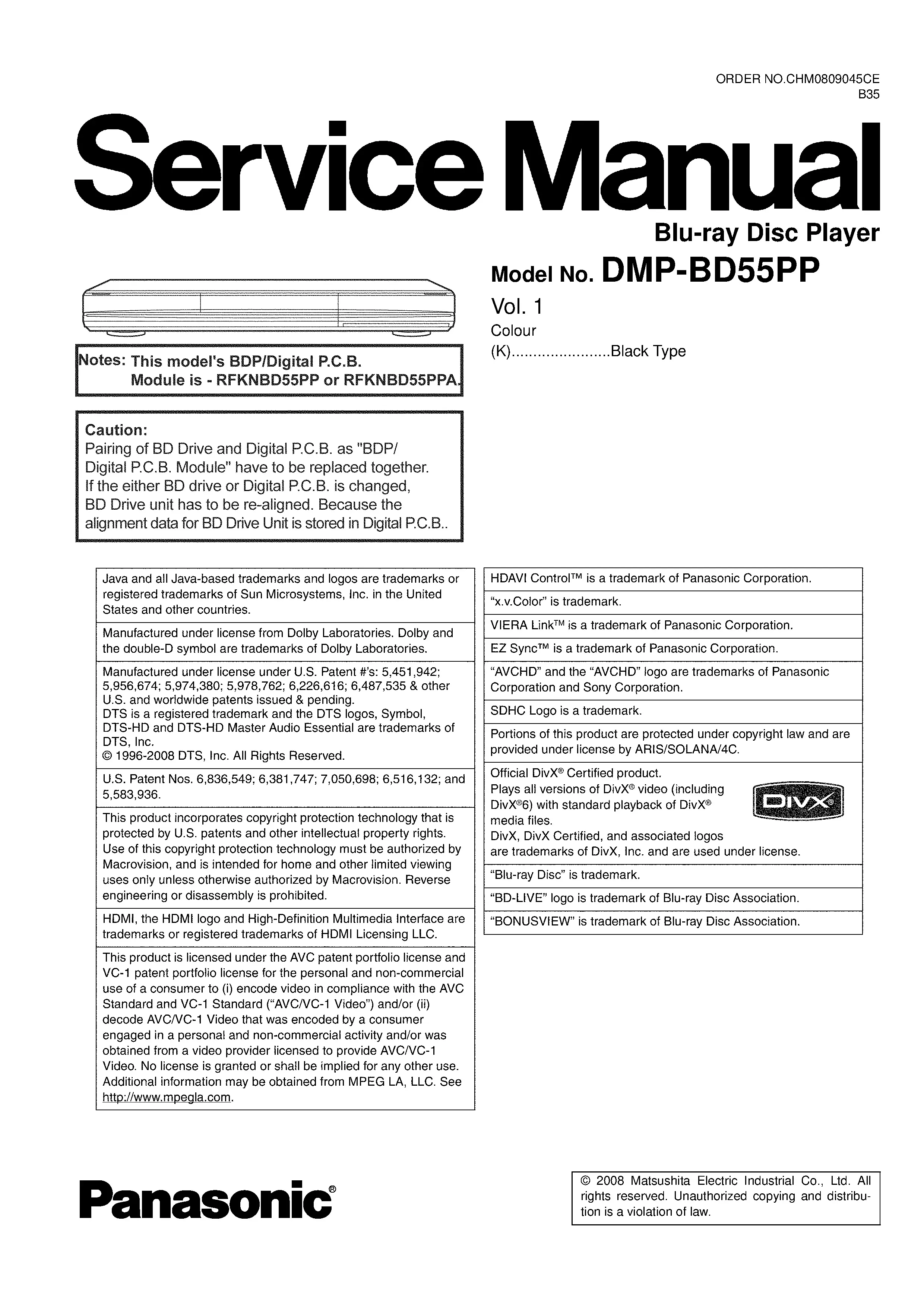 Panasonic dmp bd55 bd55pp service manual cover