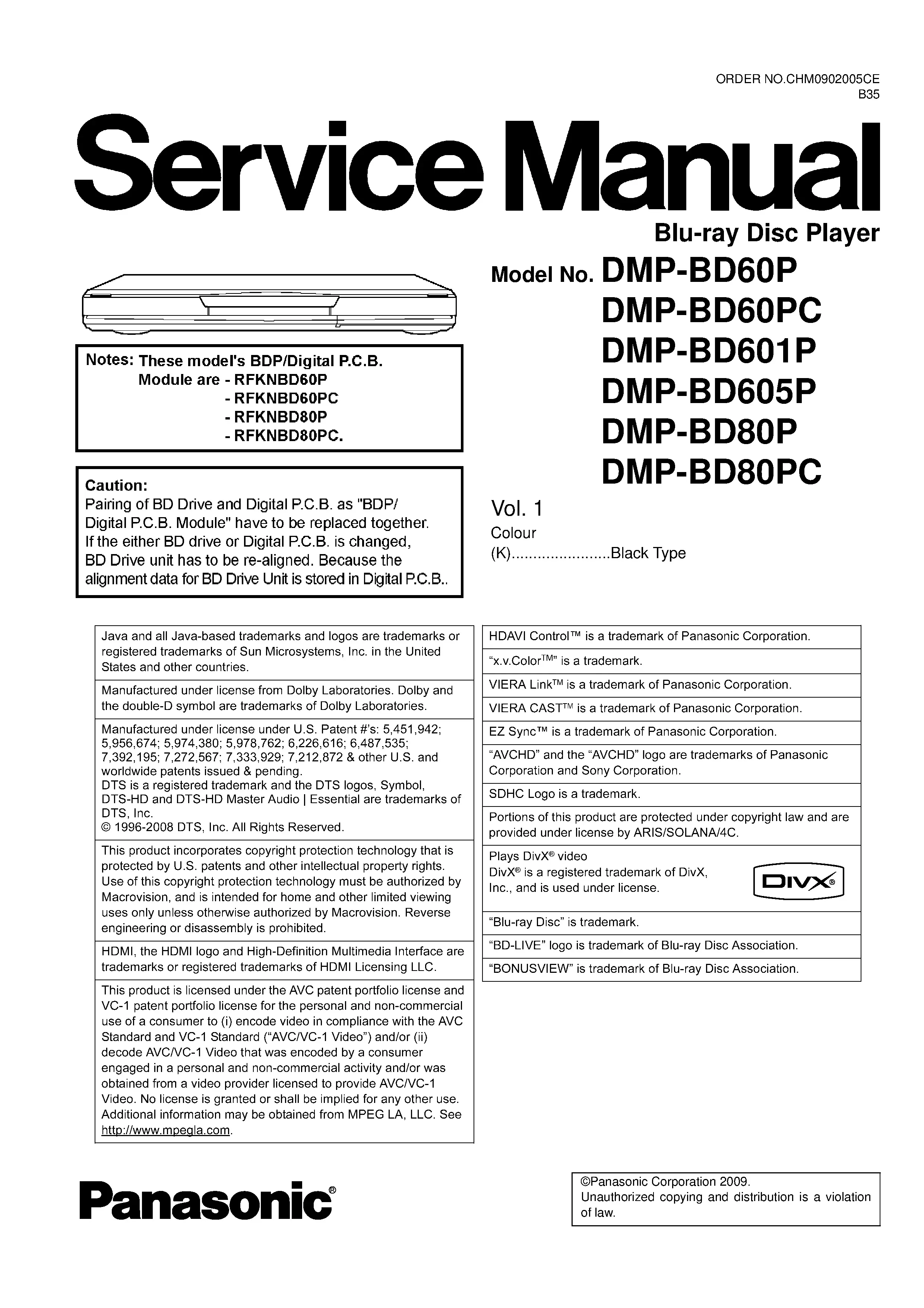 Panasonic dmp bd60 bd601 bd605 bd80 service manual cover