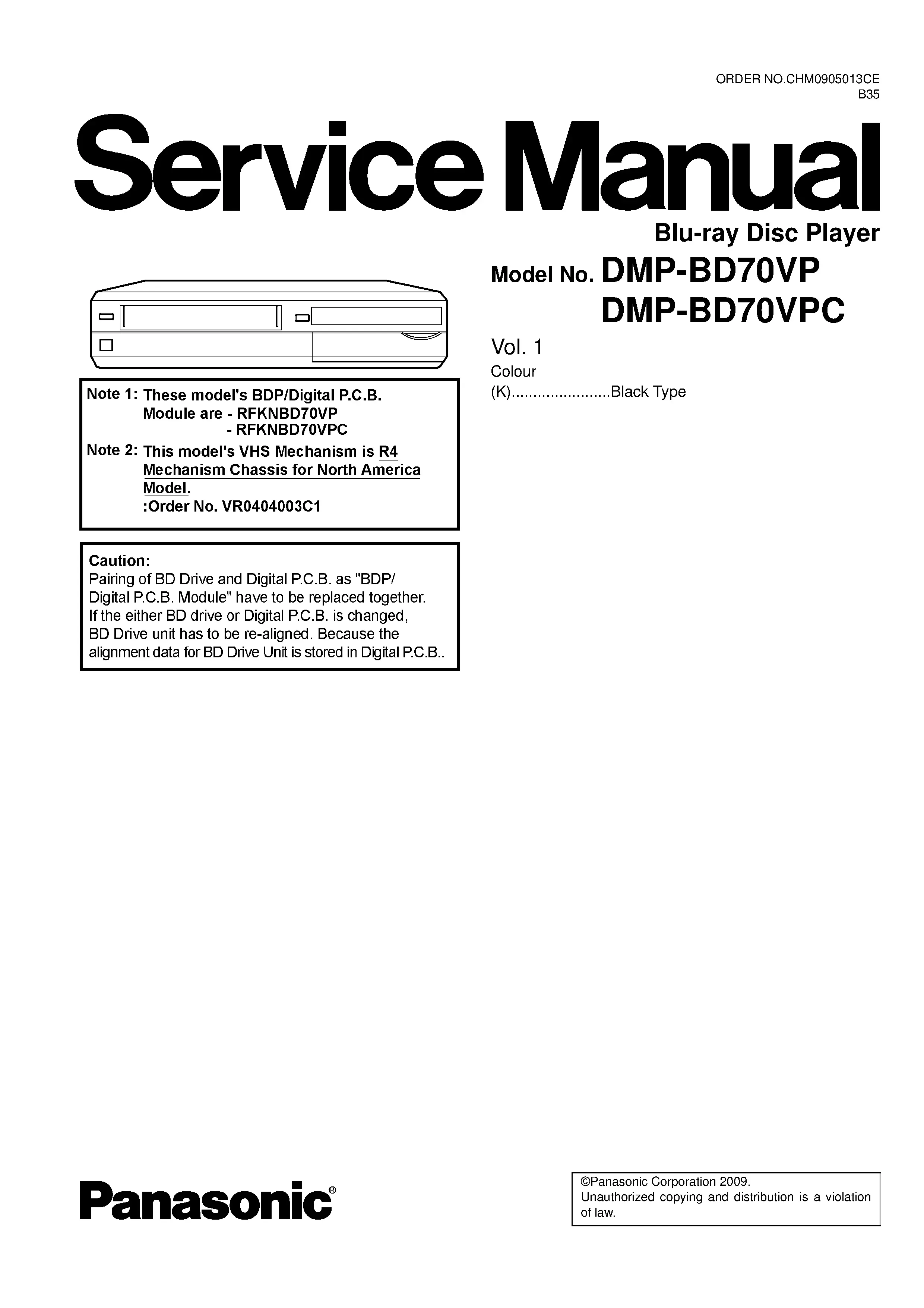 Panasonic dmp bd70v bd70vp bd70vpc service manual cover