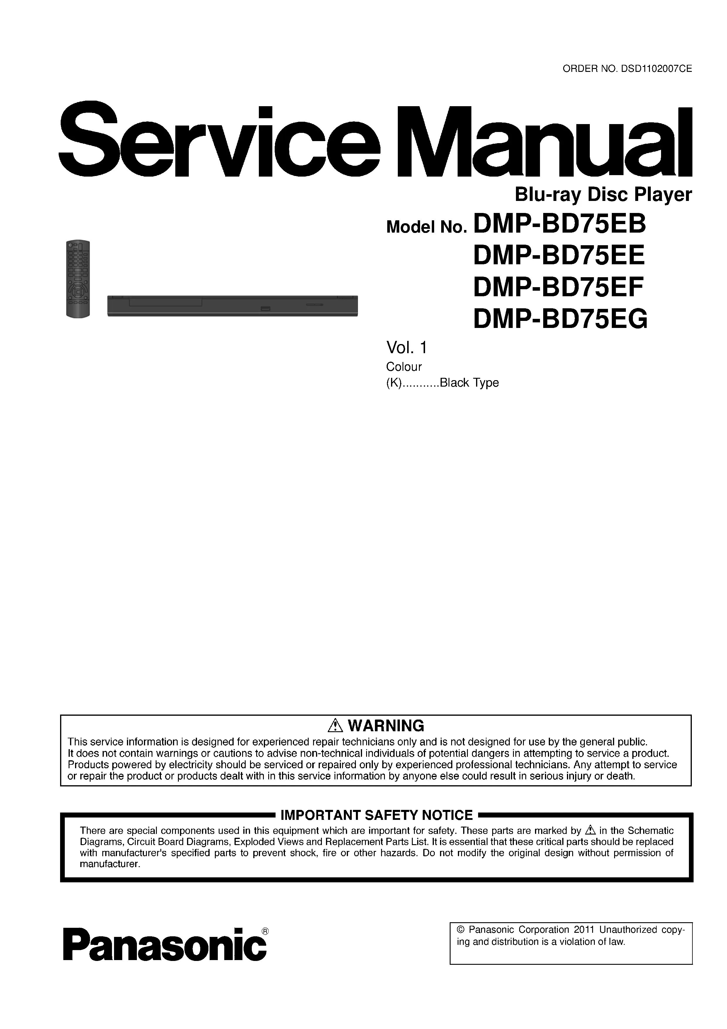 Panasonic dmp bd75 bd75eb bd75ee bd75ef bd75eg service manual cover