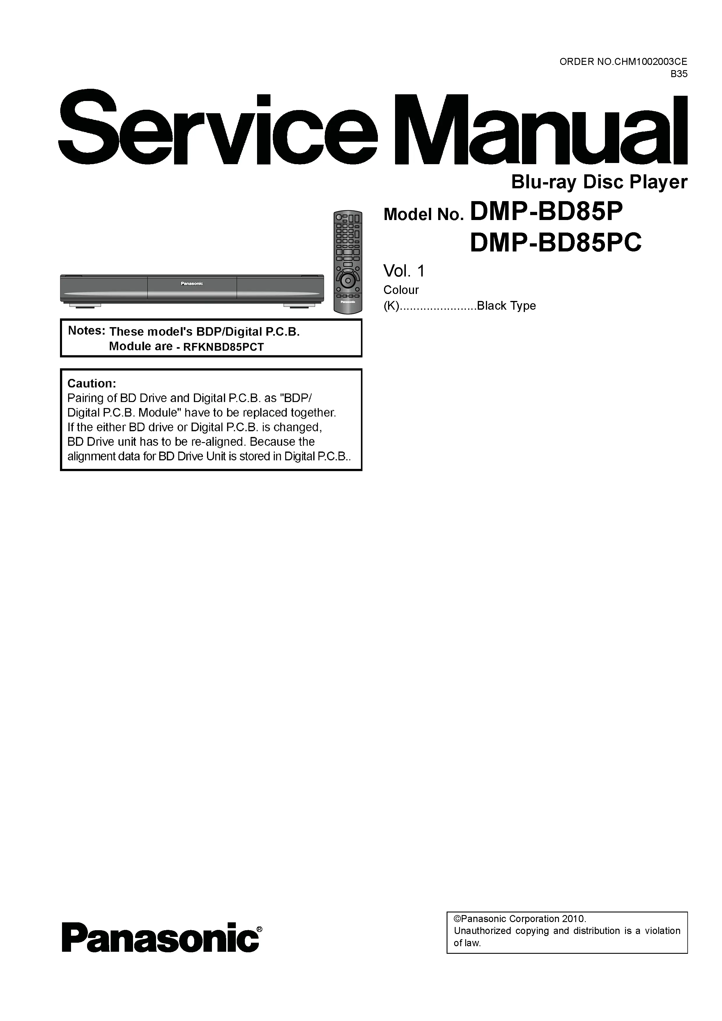 Panasonic dmp bd85 bd85p bd85pc service manual cover