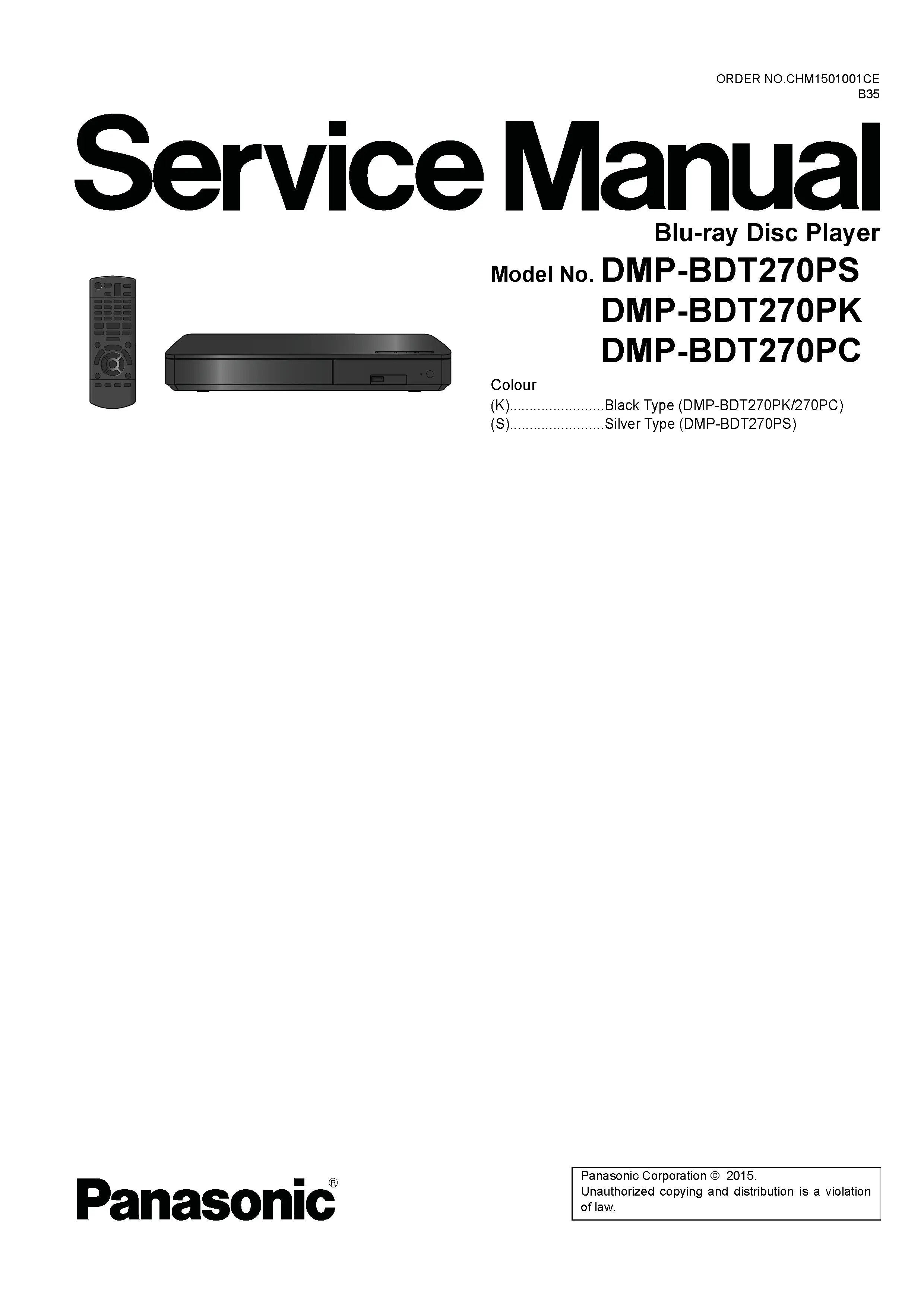 Panasonic dmp bdt270 bdt270pc bdt270pk bdt270ps service manual cover