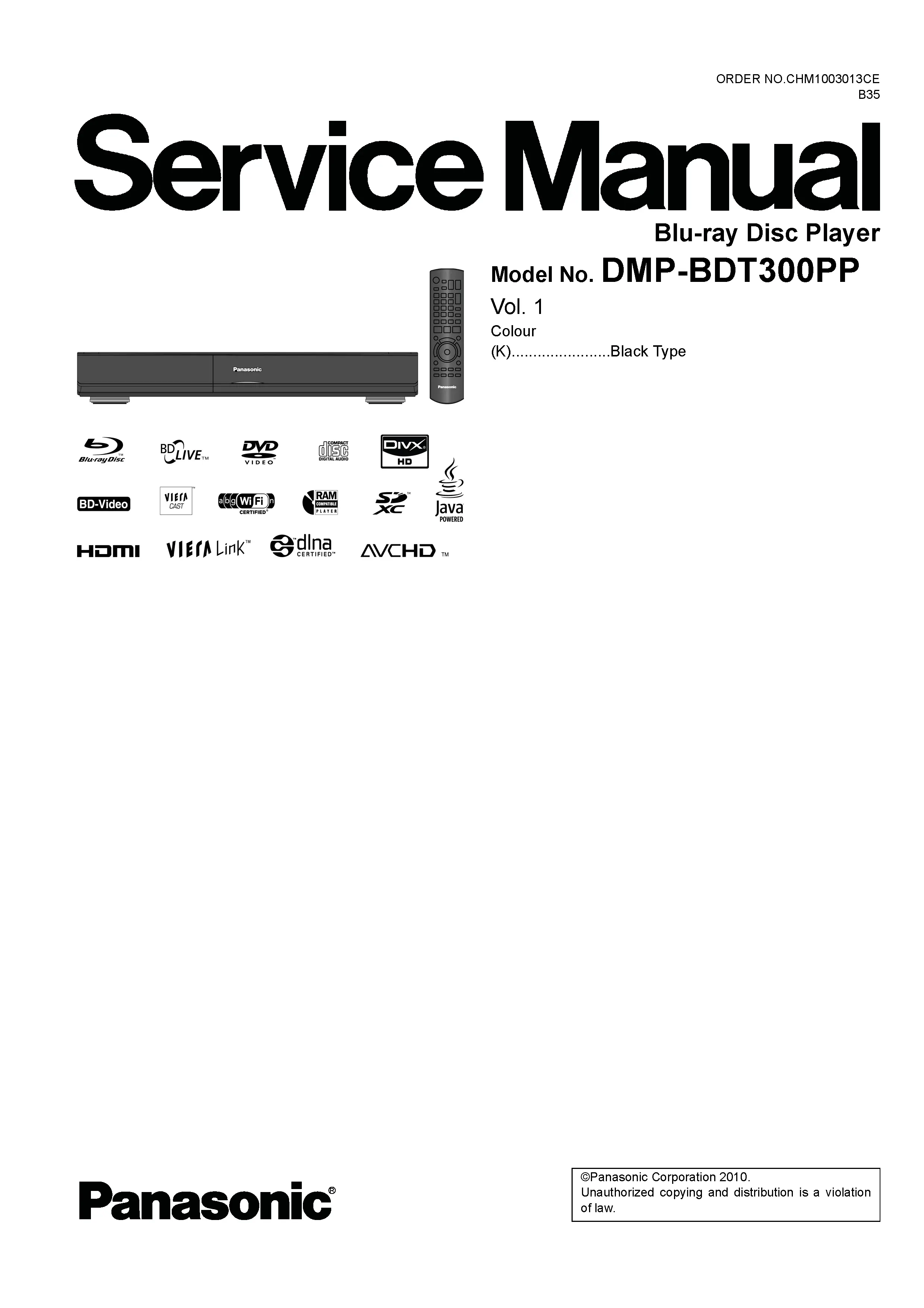 Panasonic dmp bdt300 bdt300pp service manual cover