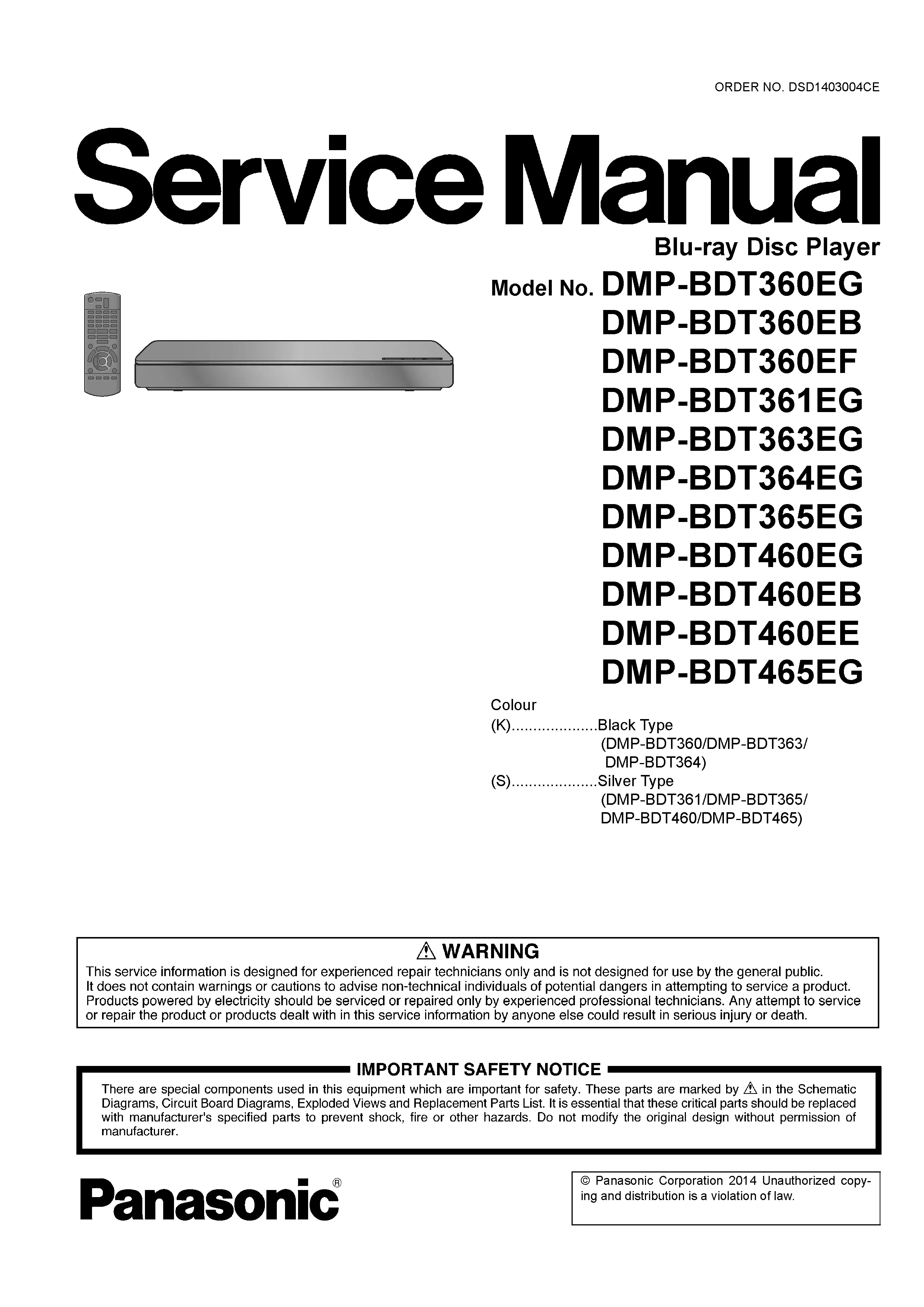 Panasonic dmp bdt364 bdt364eg service manual cover