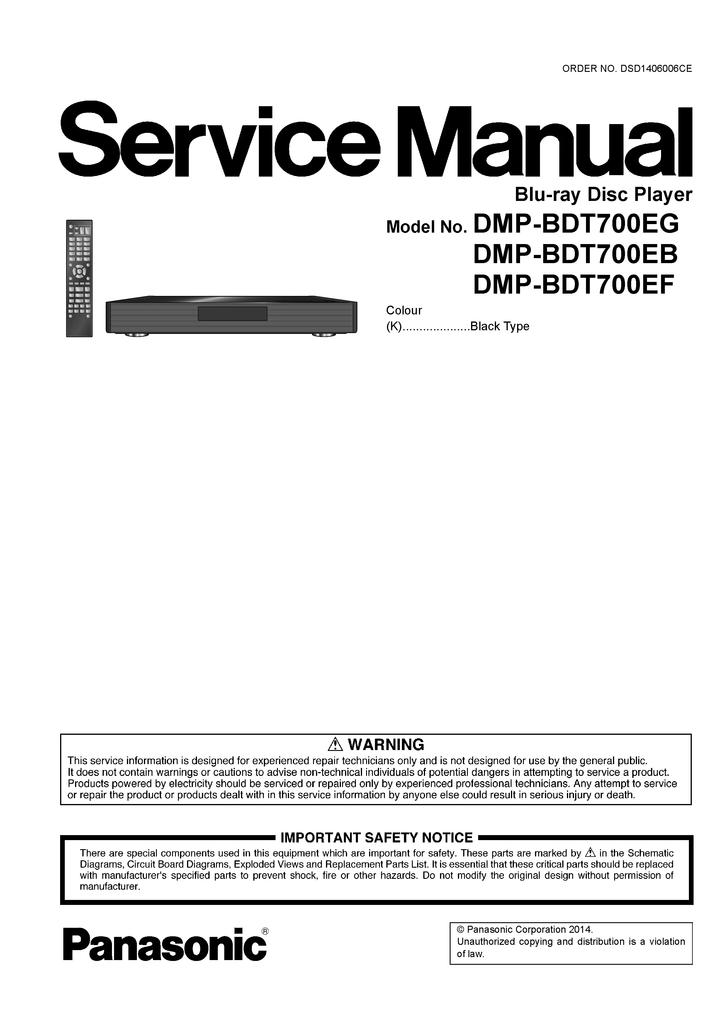 Panasonic dmp bdt700 service manual cover