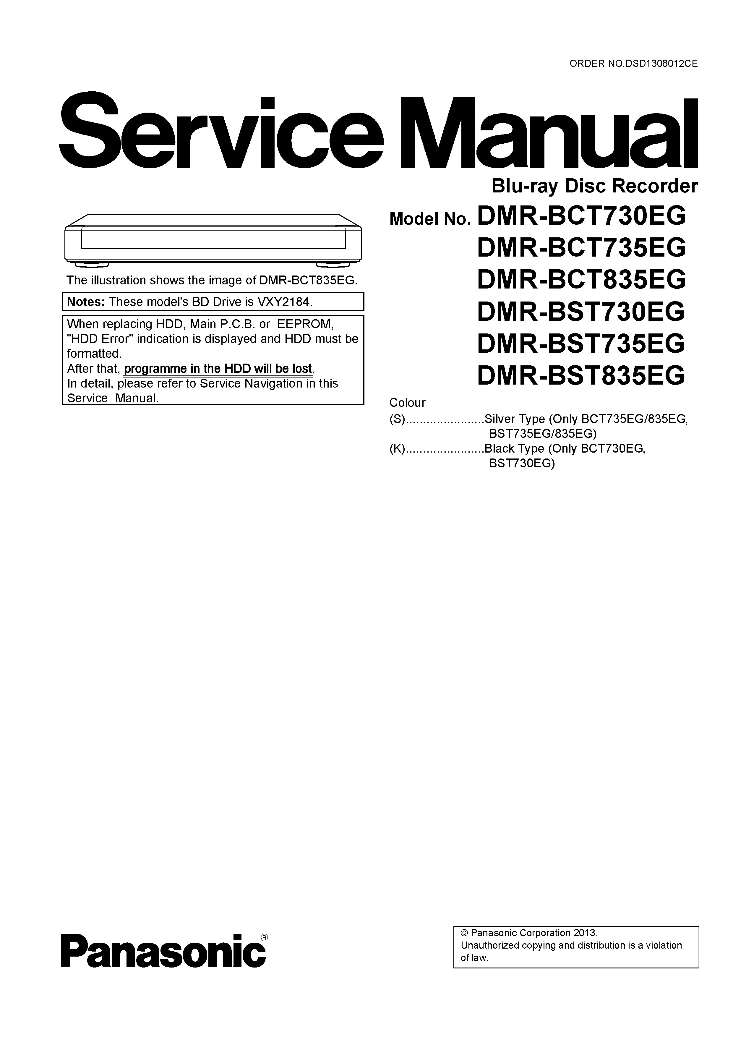 Panasonic dmr bct730 bct735 bct835 bst730 bst735 bst835 service manual cover