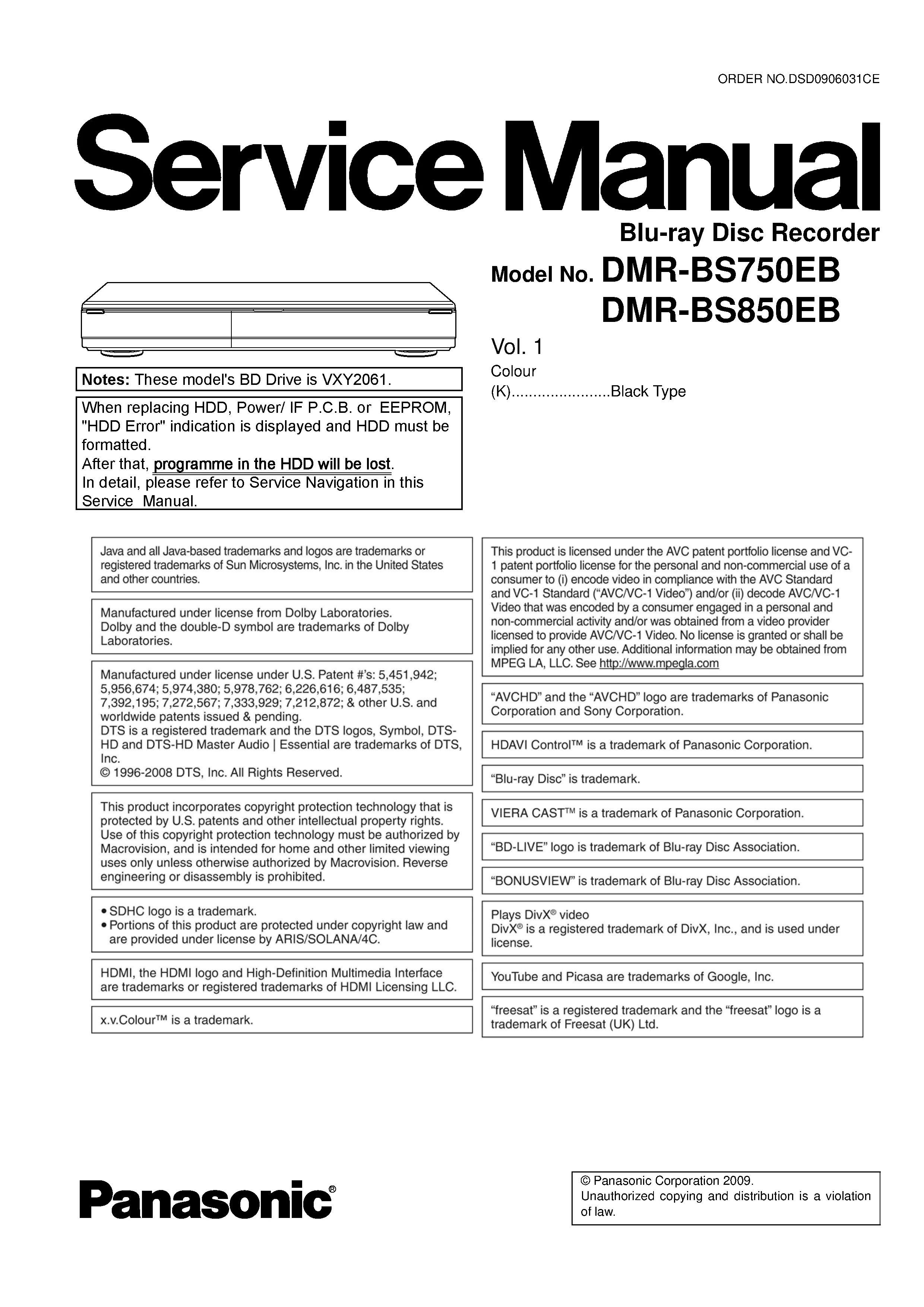 Panasonic dmr bs750 bs750eb service manual cover