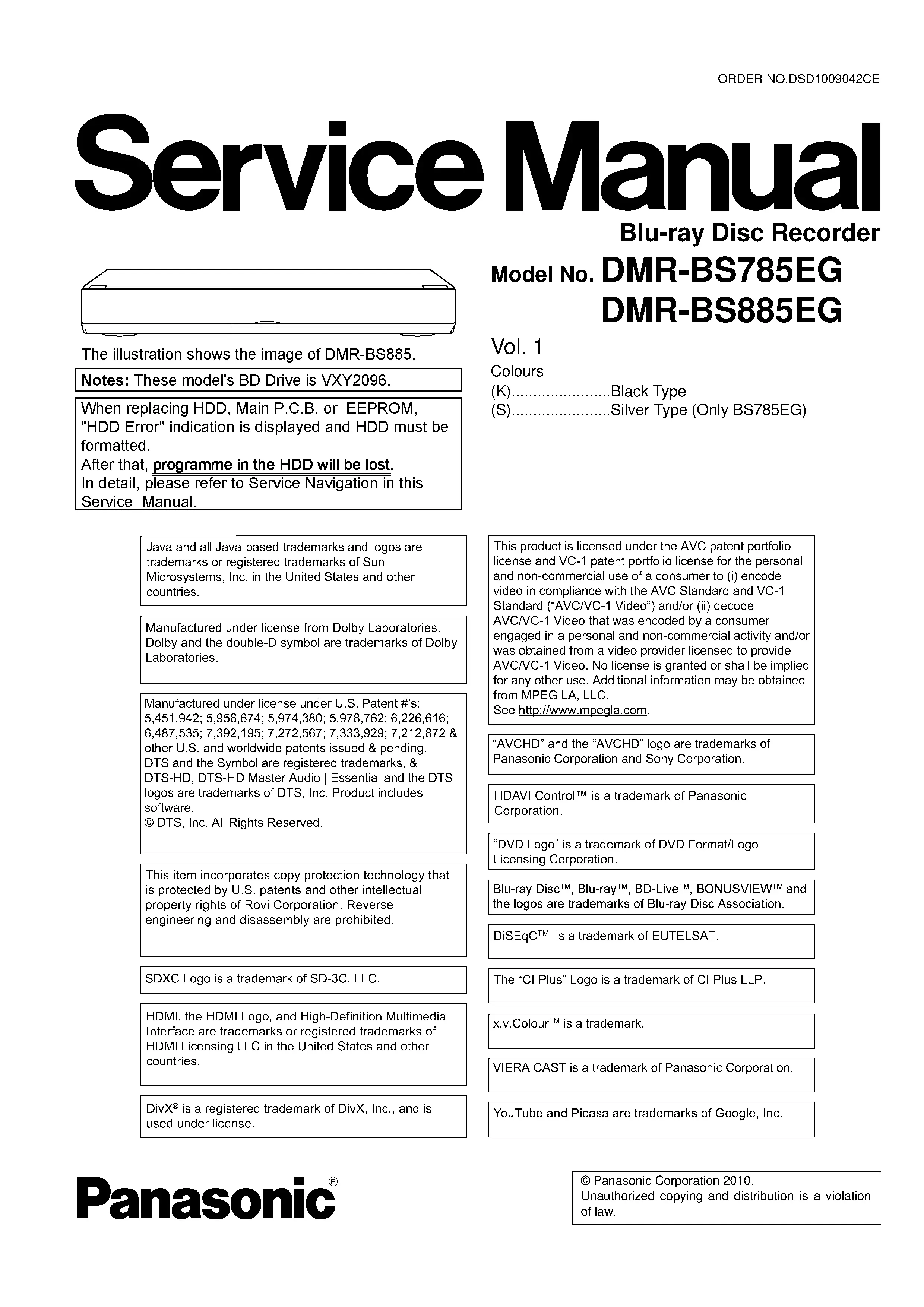 Panasonic dmr bs785 bs785eg service manual cover