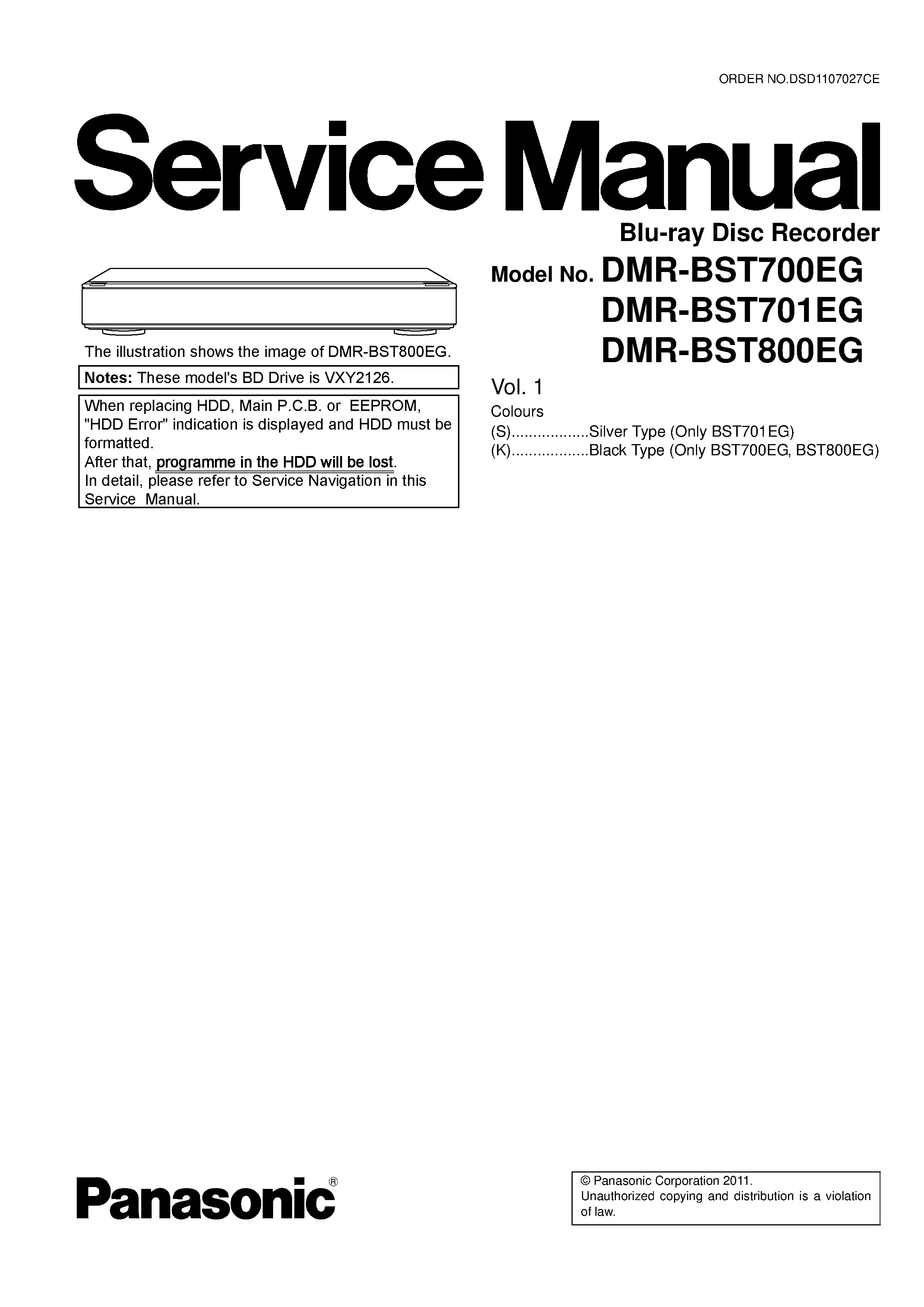 Panasonic dmr bst700 bst700eg service manual cover
