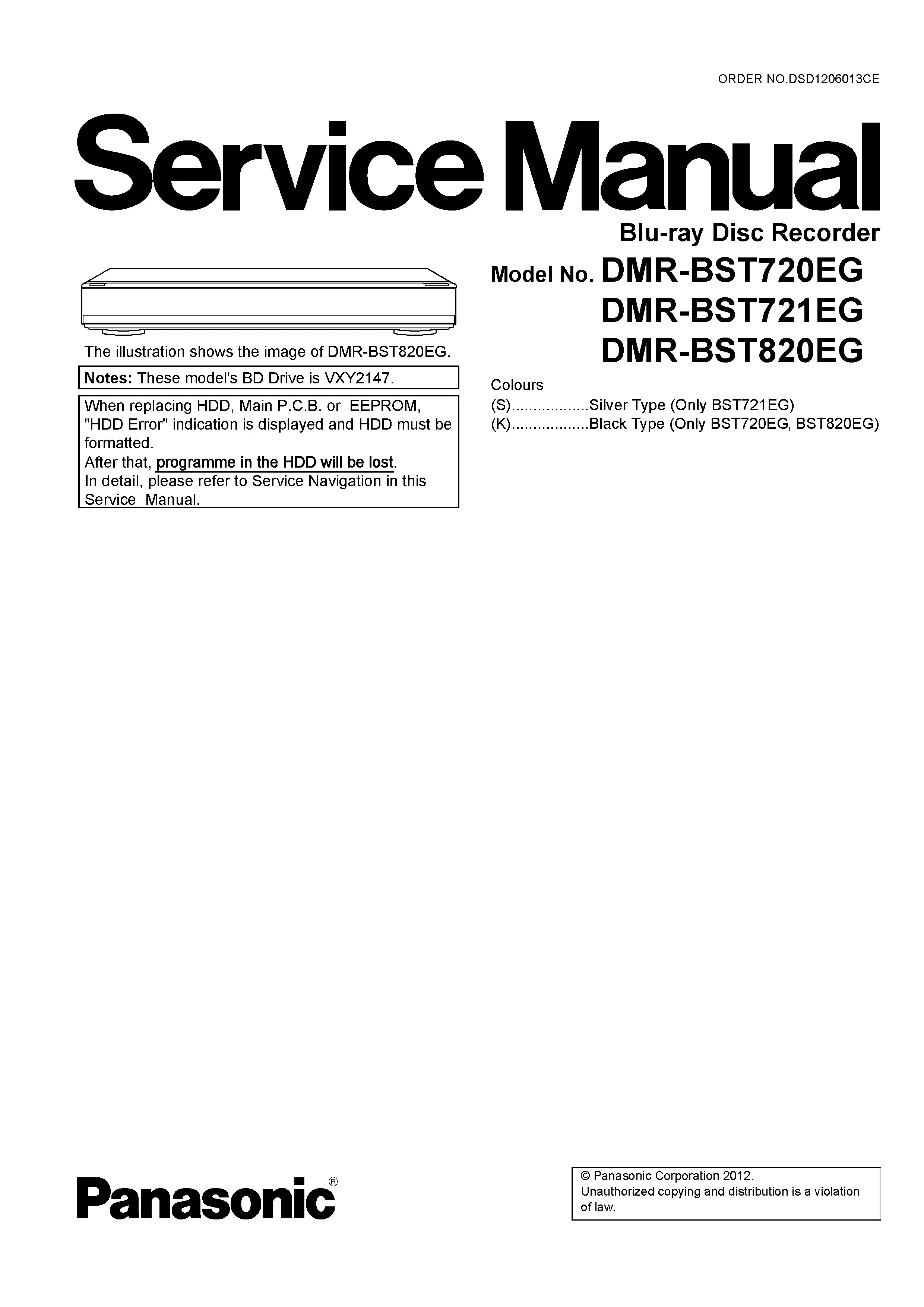 Panasonic dmr bst820 bst820eg service manual cover