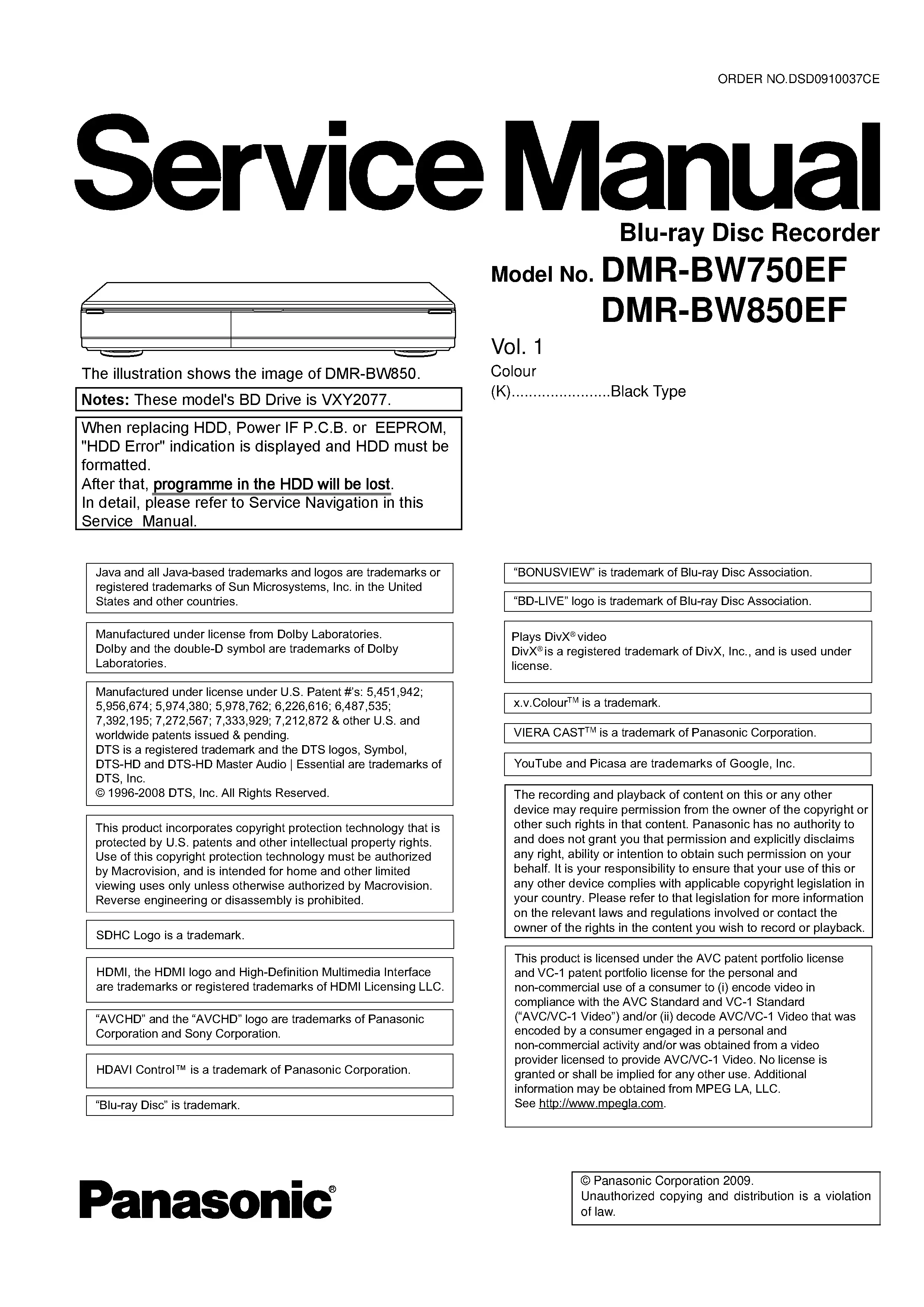Panasonic dmr bw750 bw750ef service manual cover
