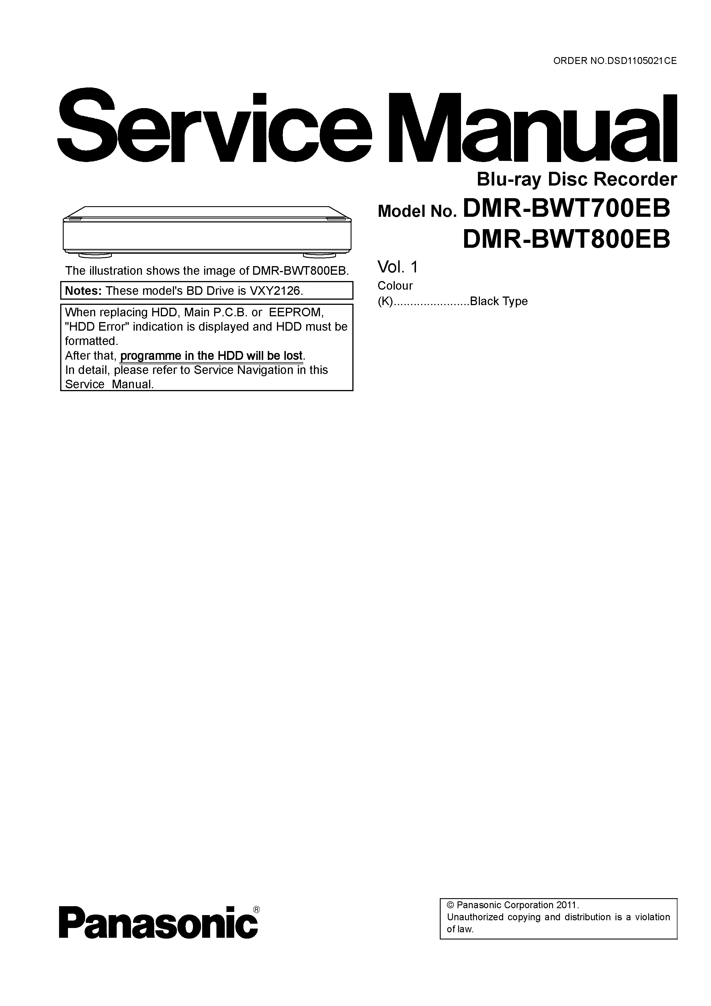 Panasonic dmr bwt700 bwt700eb service manual cover