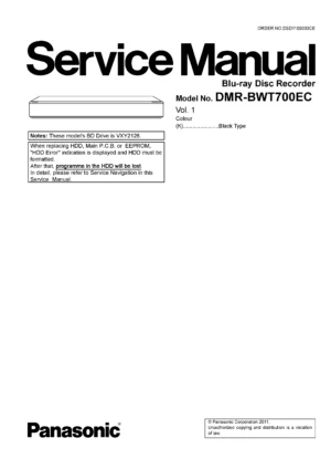 Panasonic dmr bwt700 bwt700ec service manual cover