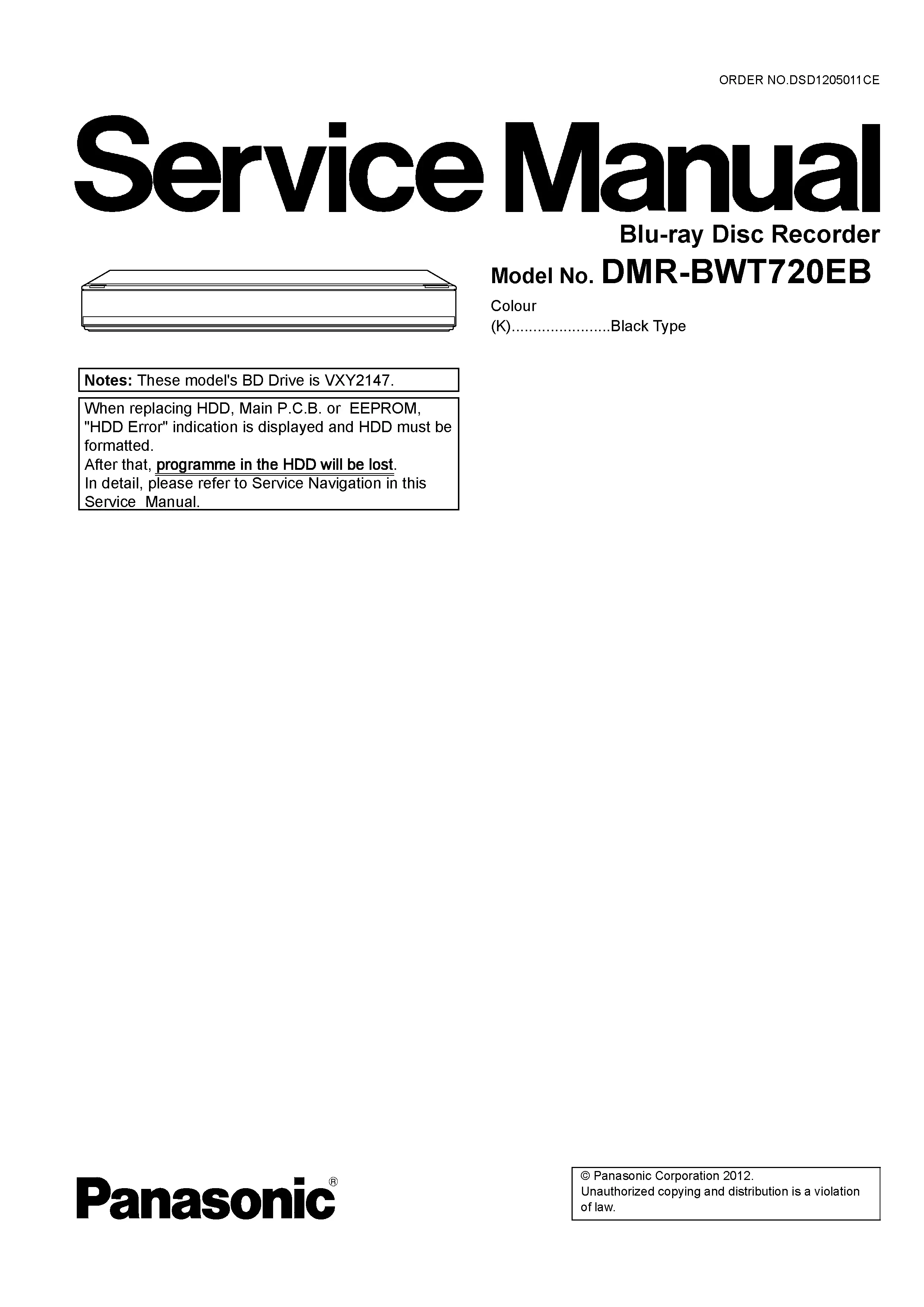 Panasonic dmr bwt720 bwt720eb service manual cover