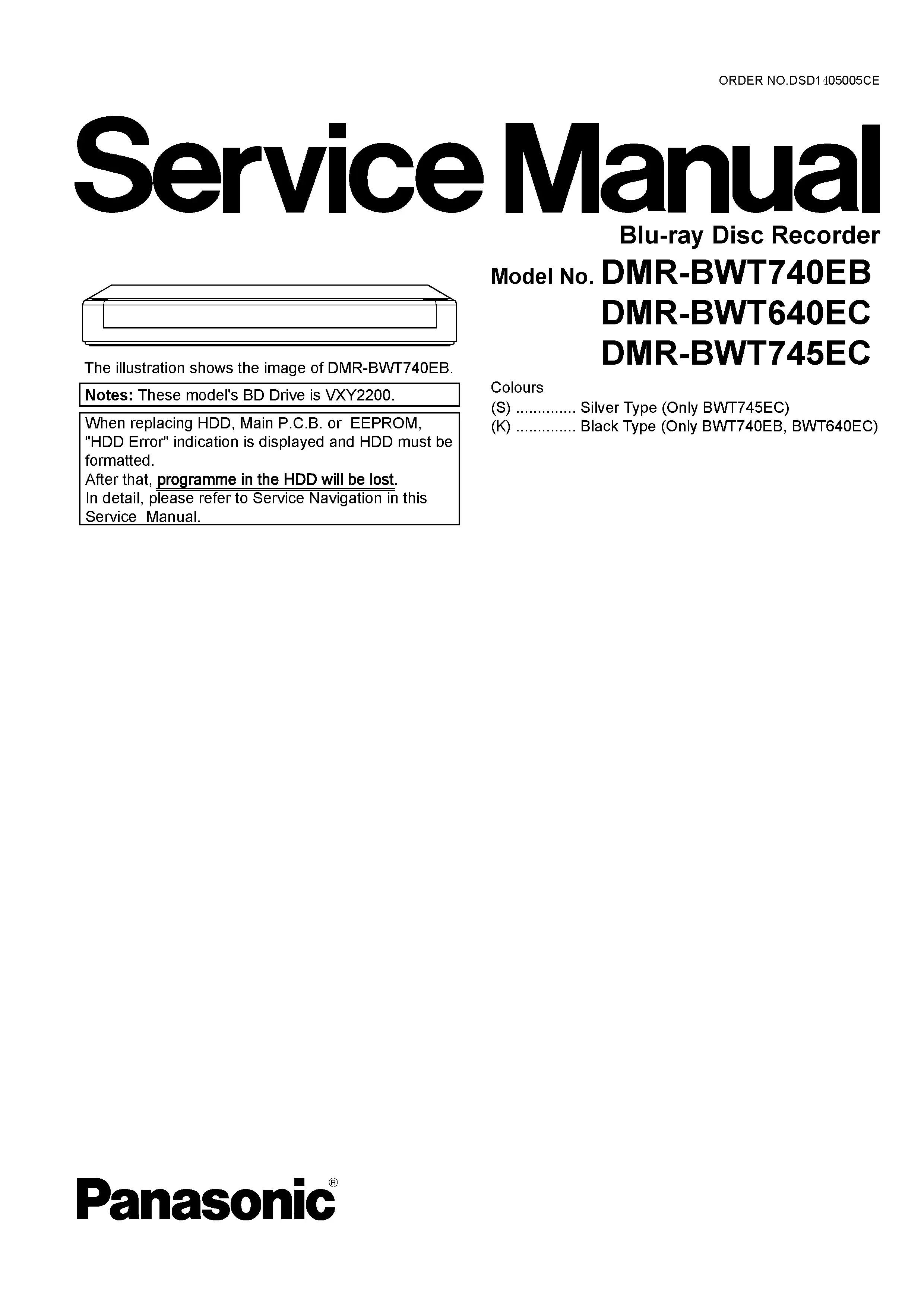Panasonic dmr bwt740eb bwt640ec bwt745ec service manual cover