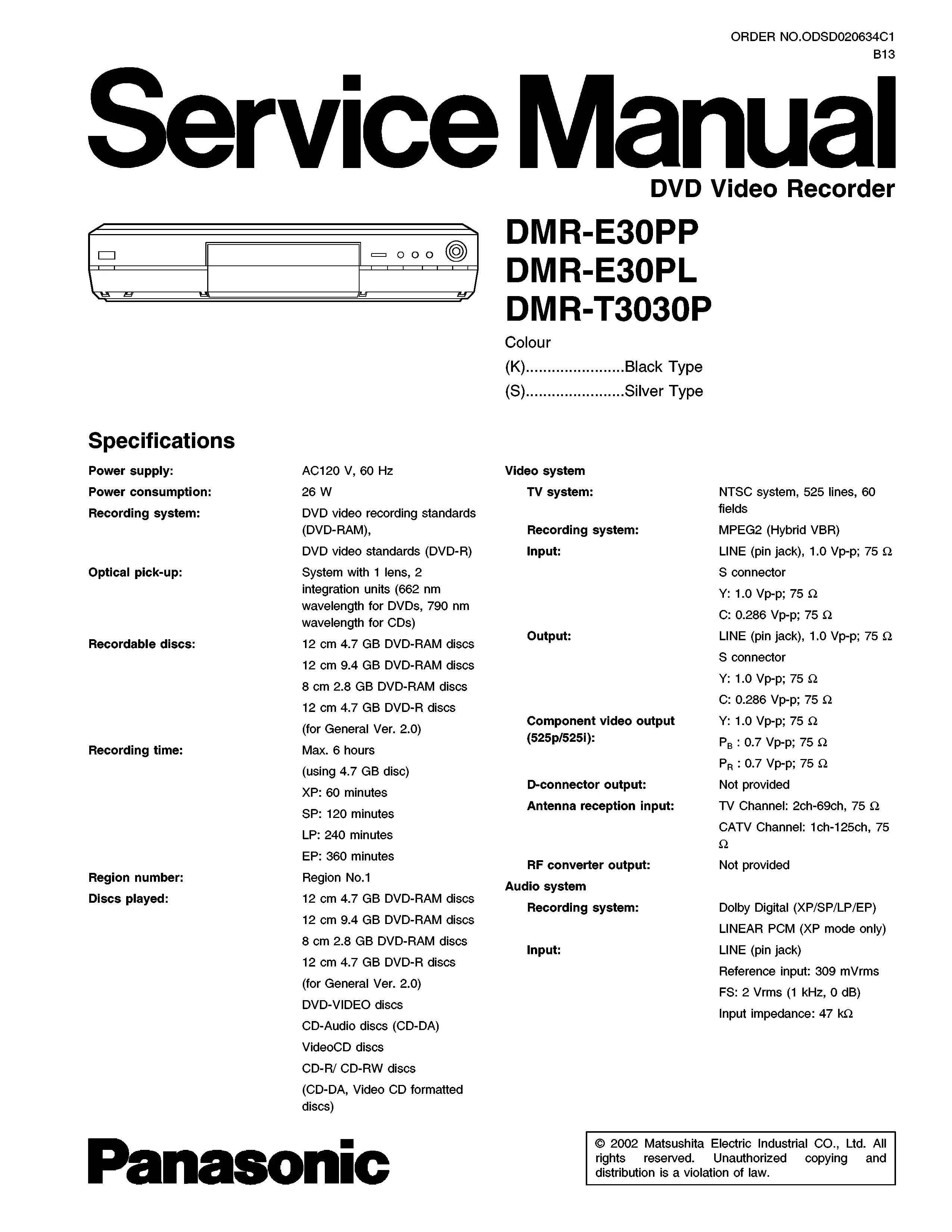 Panasonic dmr e30 e30pp e30pl service manual cover
