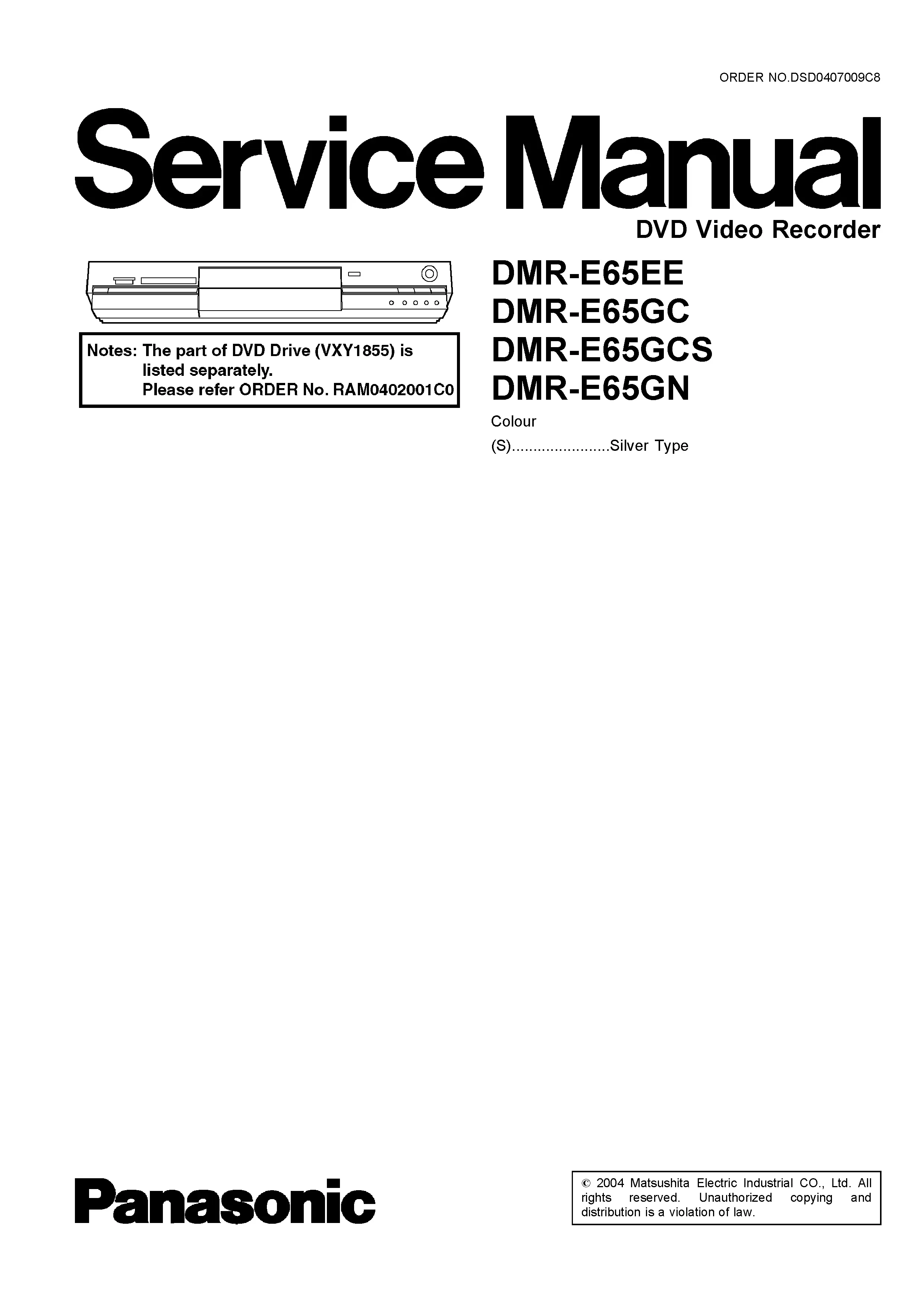 Panasonic dmr e65 service manual cover