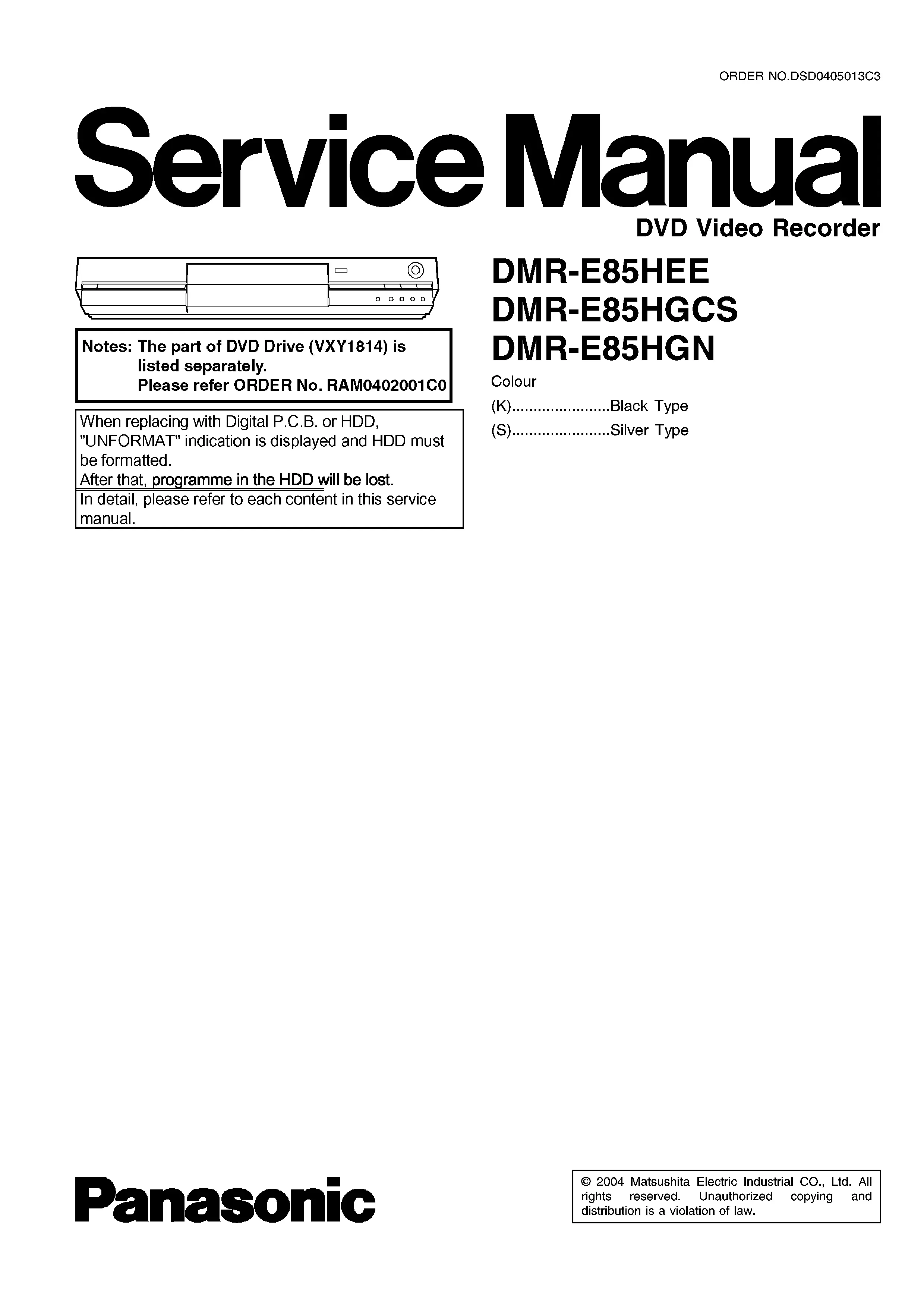 Panasonic dmr e85 e85h service manual cover