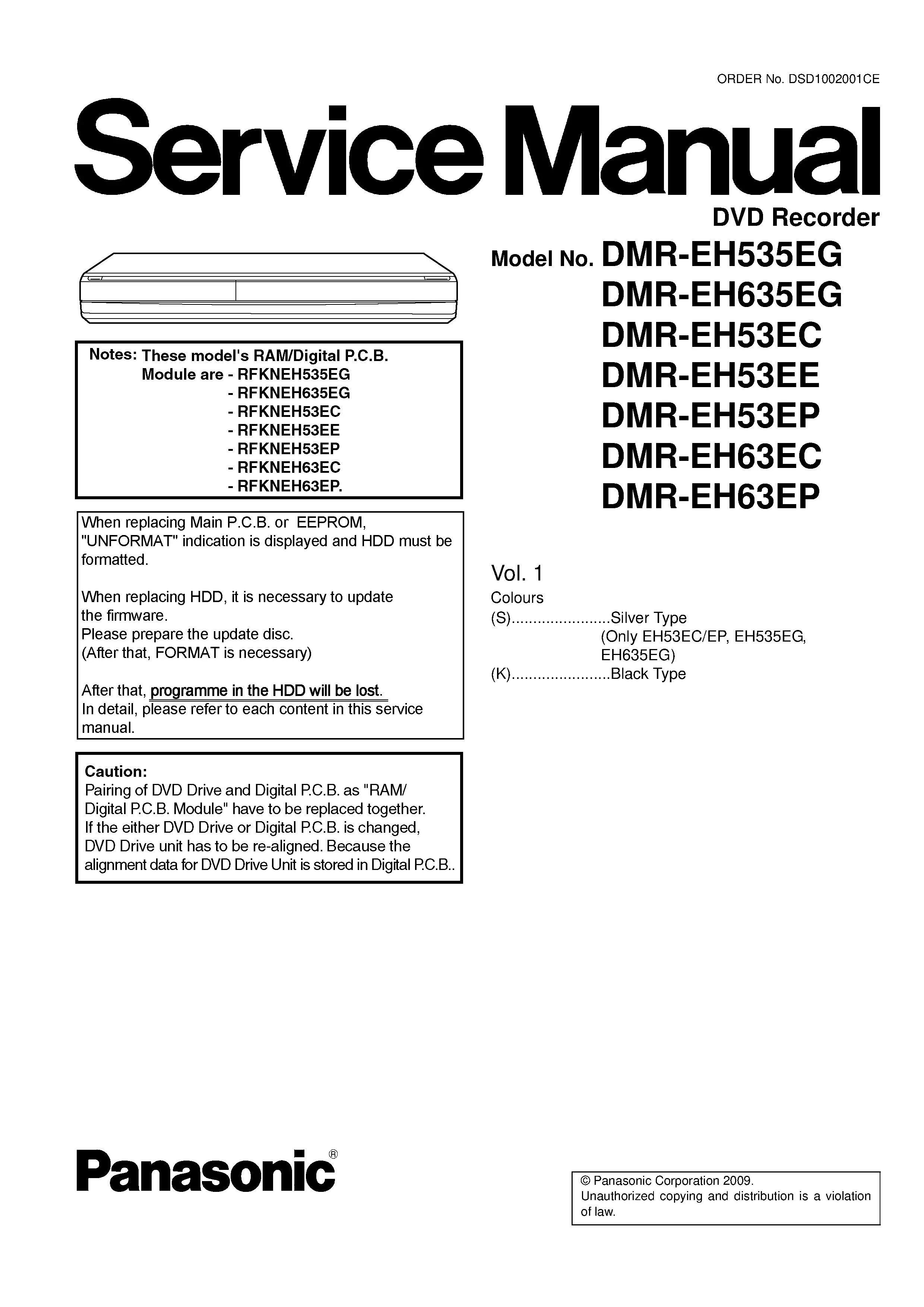 Panasonic dmr eh535 eh635 eh535eg eh635eg service manual cover