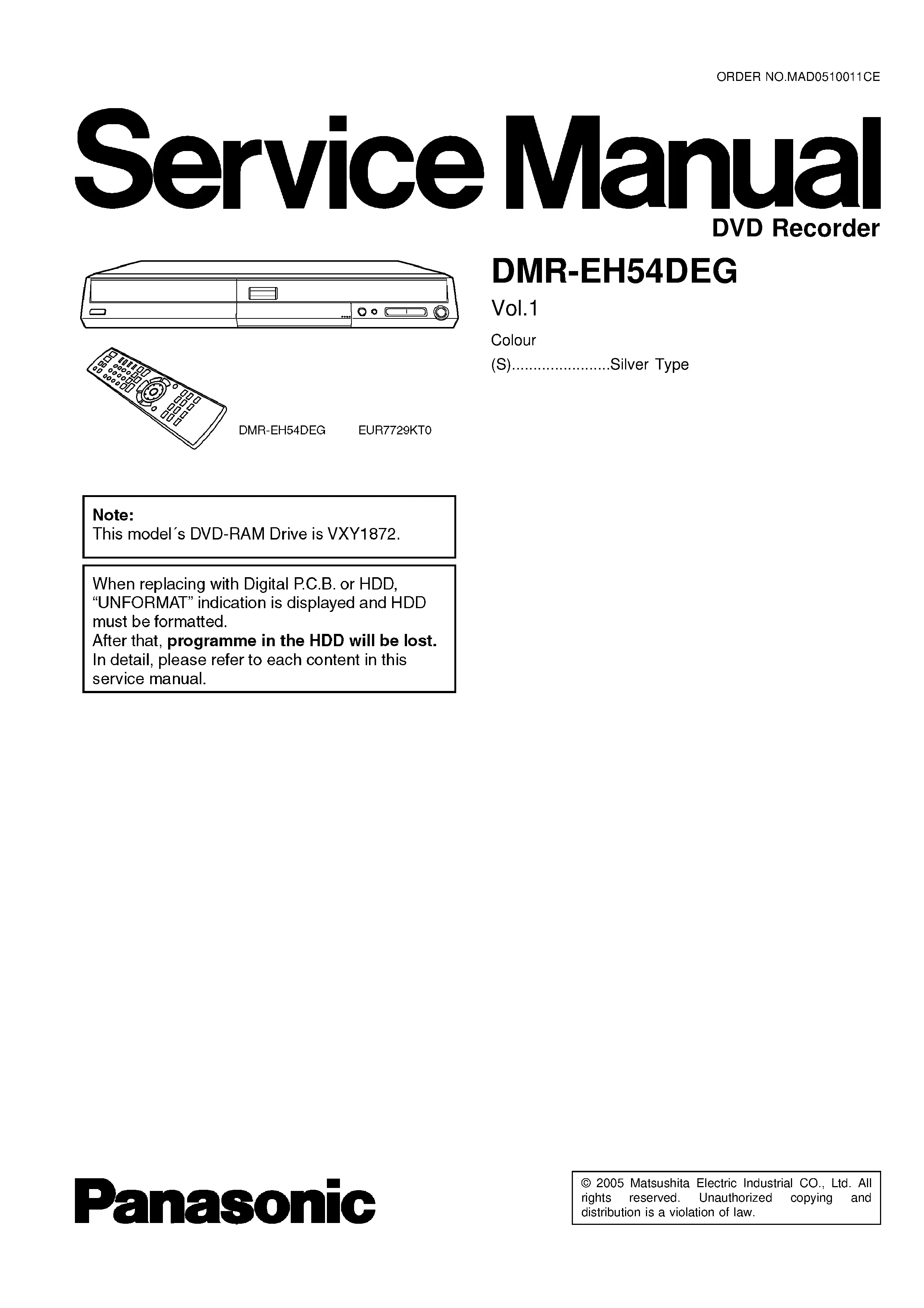Panasonic dmr eh54d eh54deg service manual cover