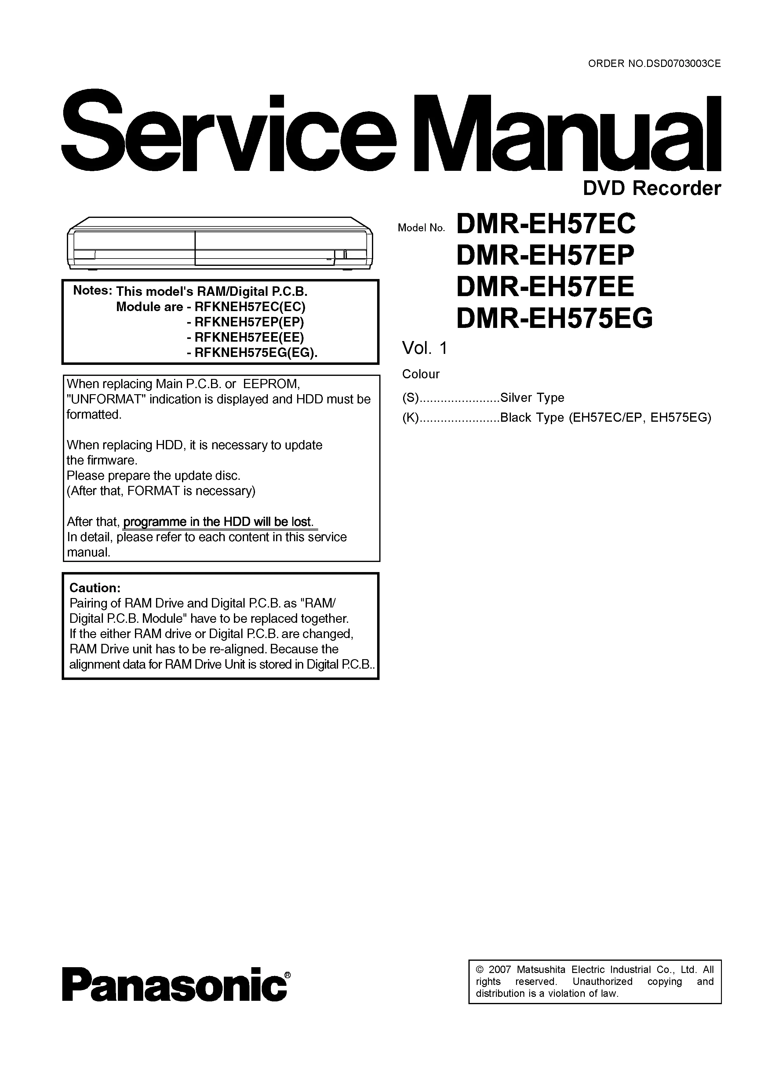 Panasonic dmr eh57 service manual cover