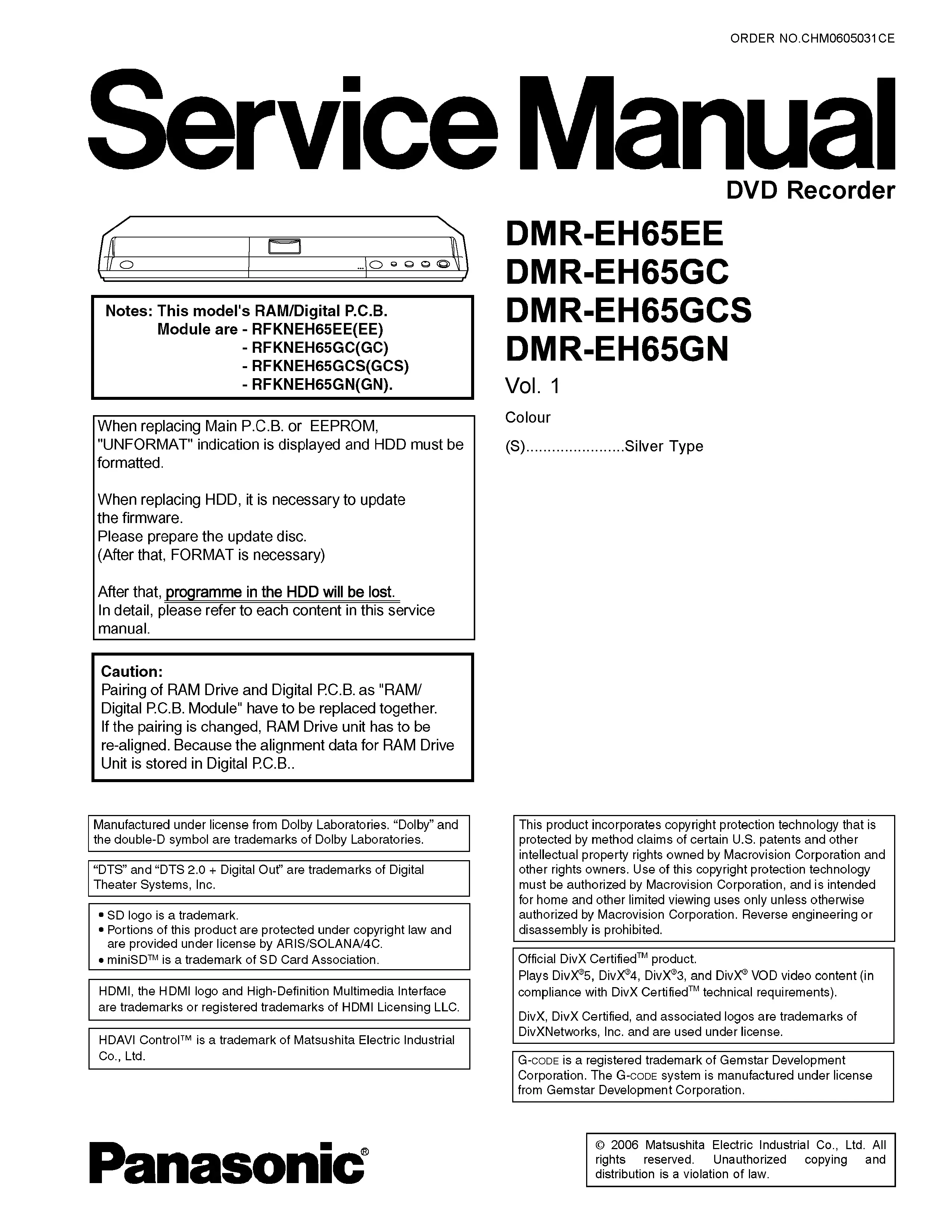 Panasonic dmr eh65 service manual cover