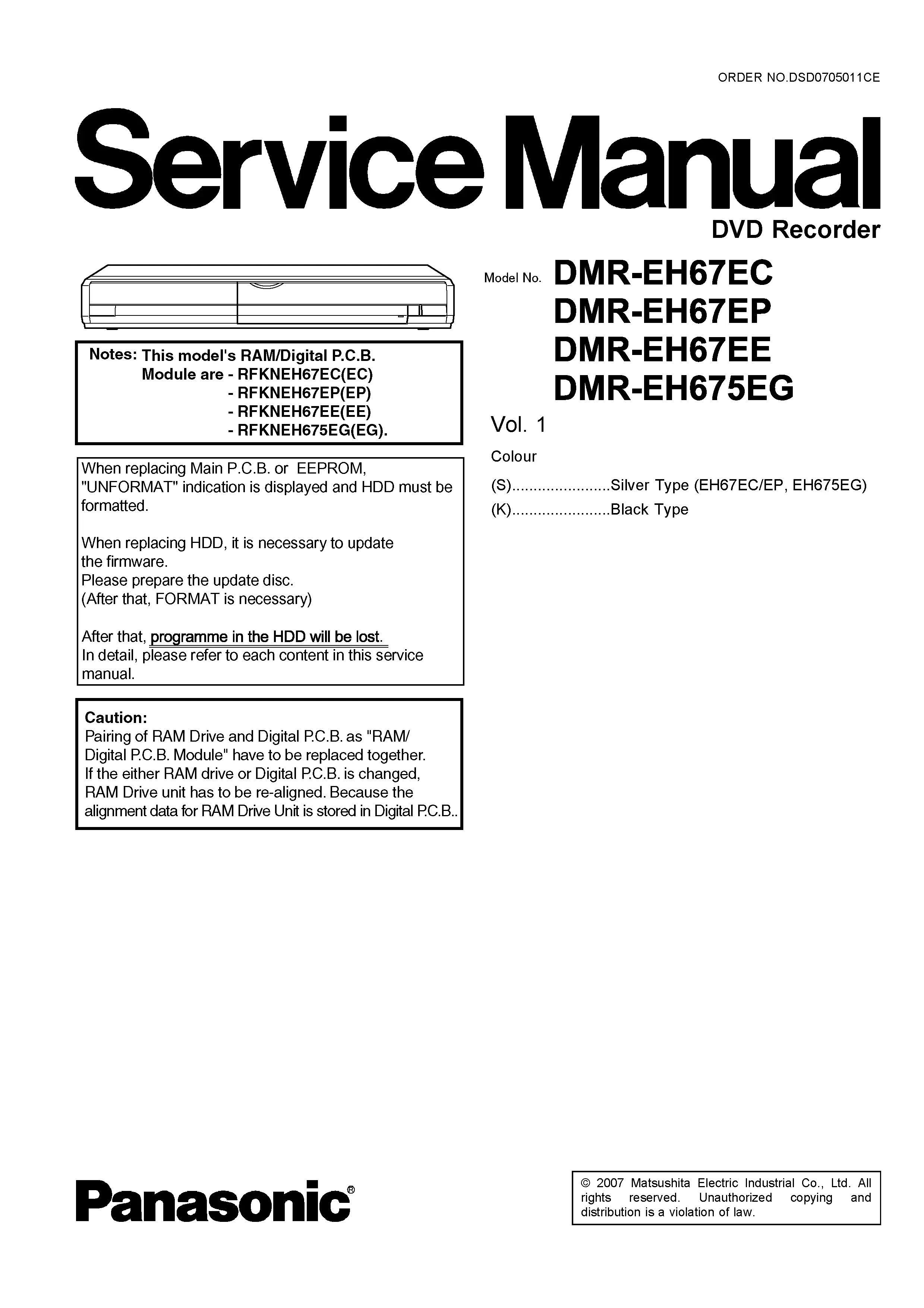 Panasonic dmr eh67 service manual cover
