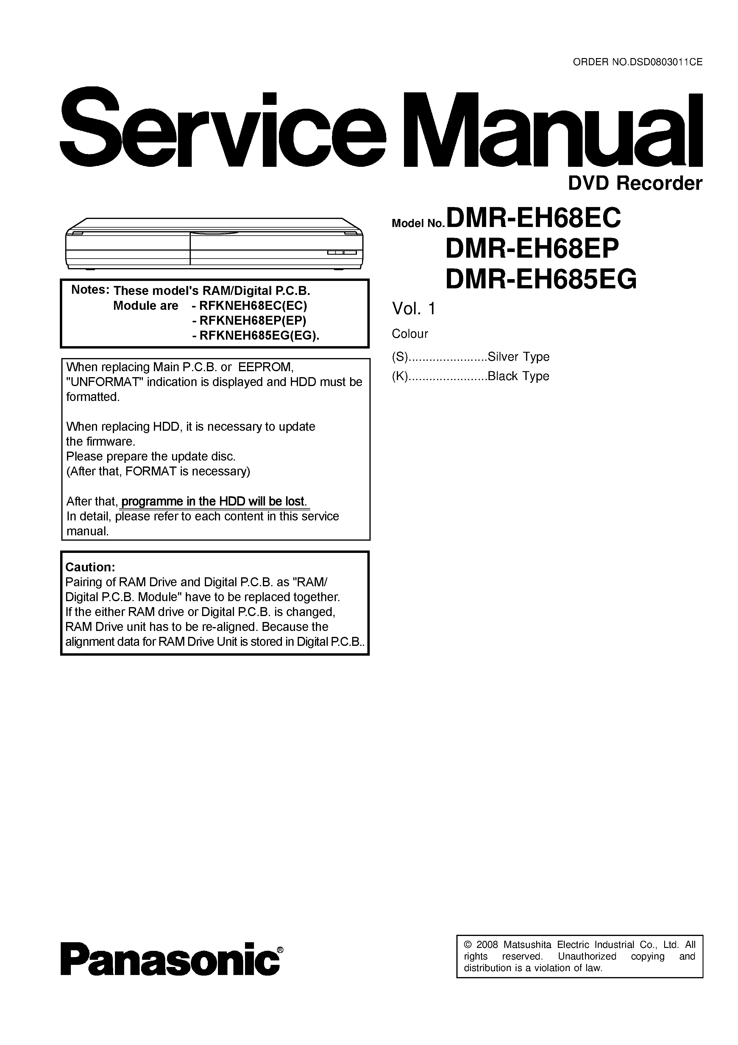 Panasonic dmr eh68 eh685 service manual cover