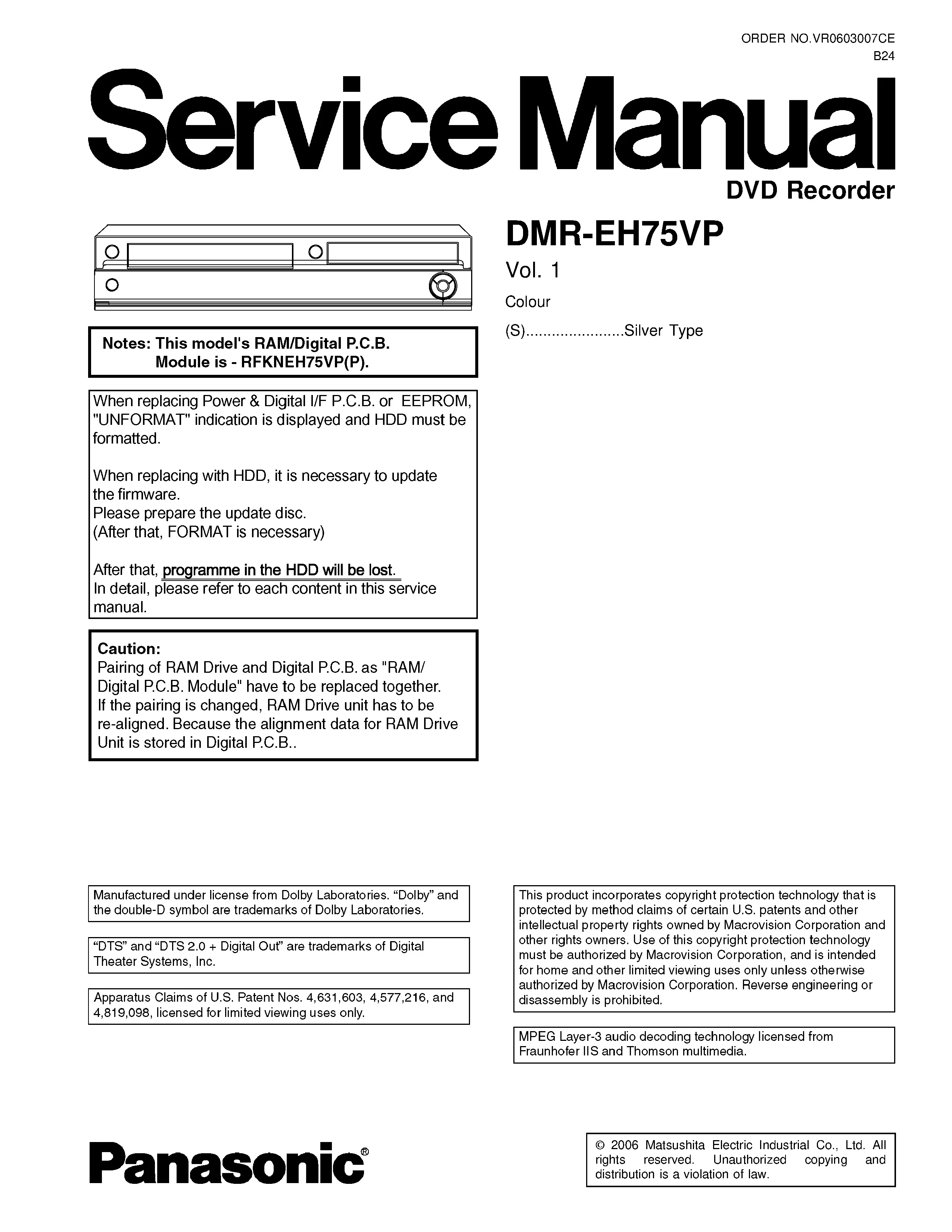 Panasonic dmr eh75 service manual cover