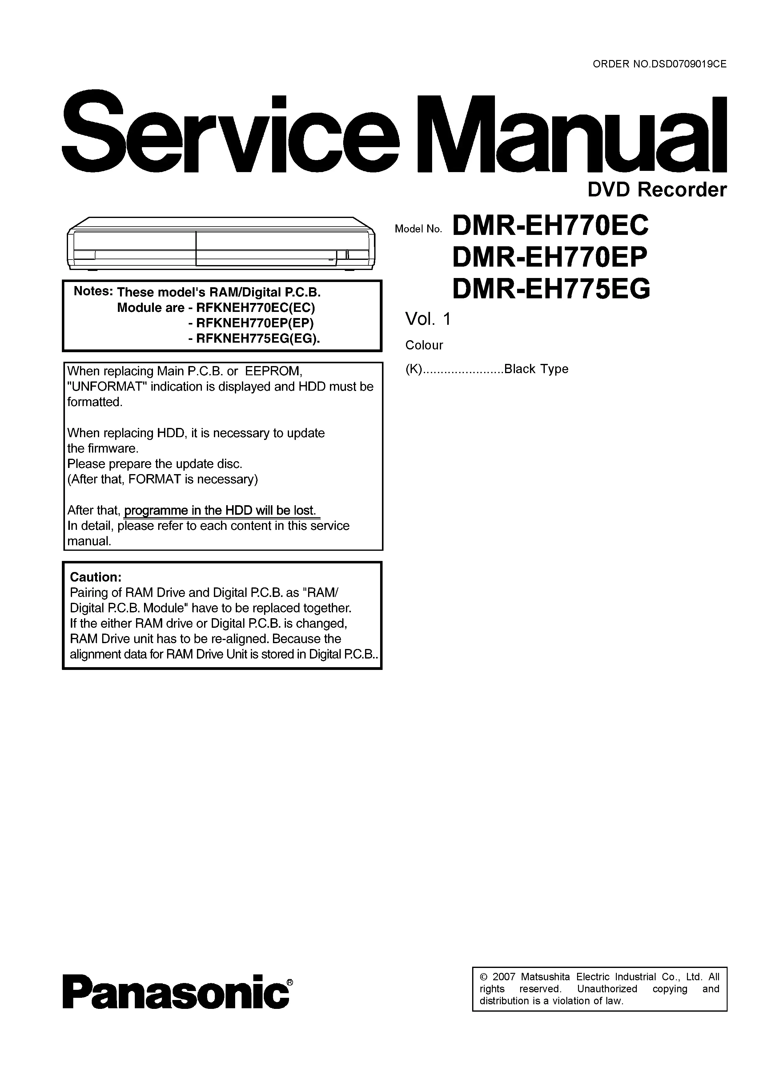 Panasonic dmr eh775 eh775eg service manual cover