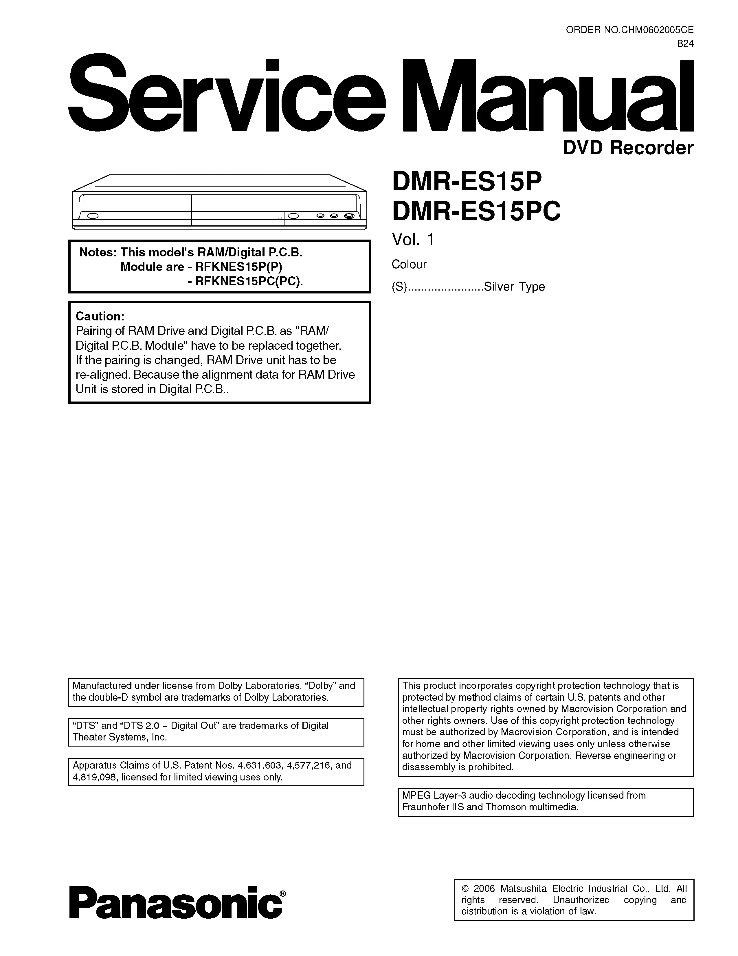 Panasonic dmr es15p dmr es15pc service manual cover