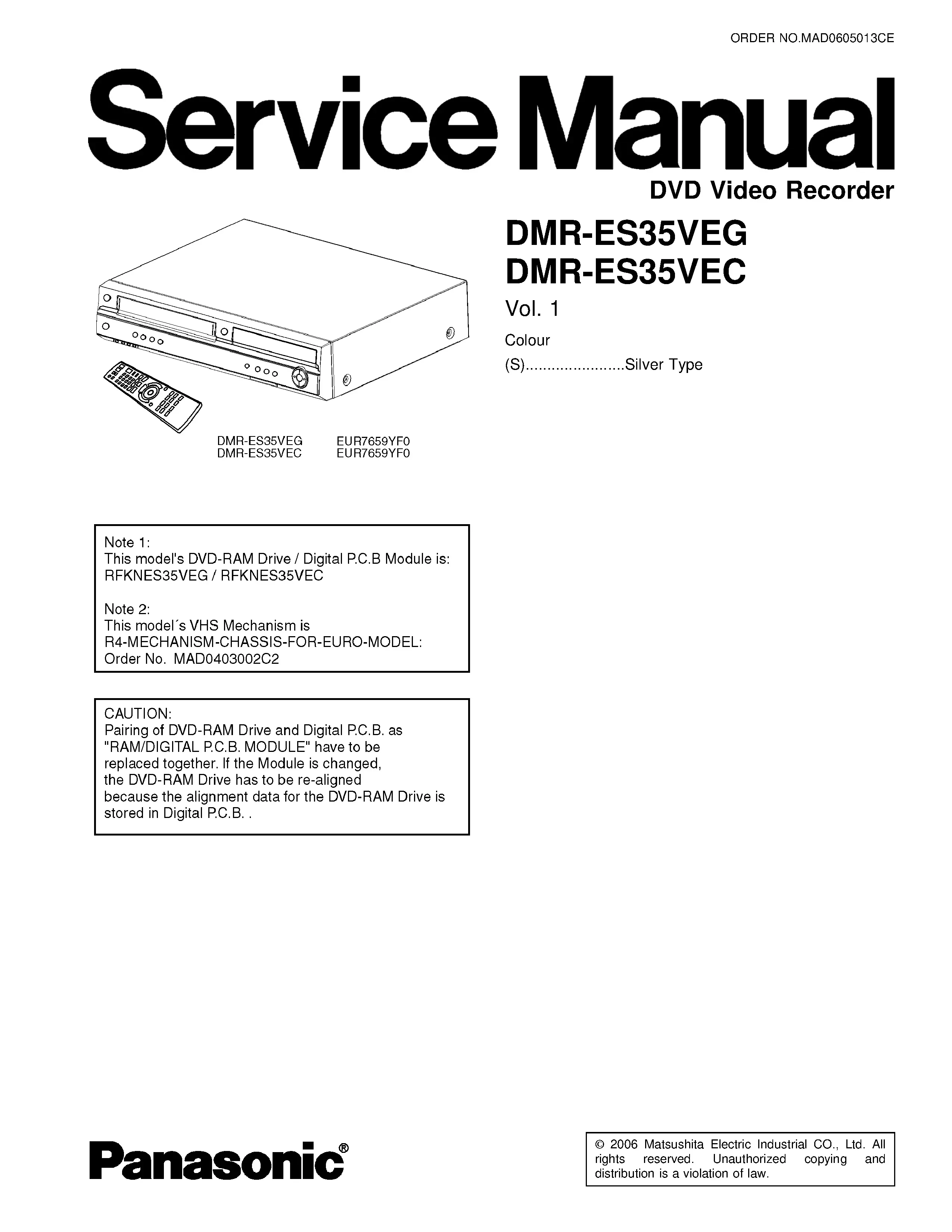 Panasonic dmr es35v es35veg es35vec service manual cover