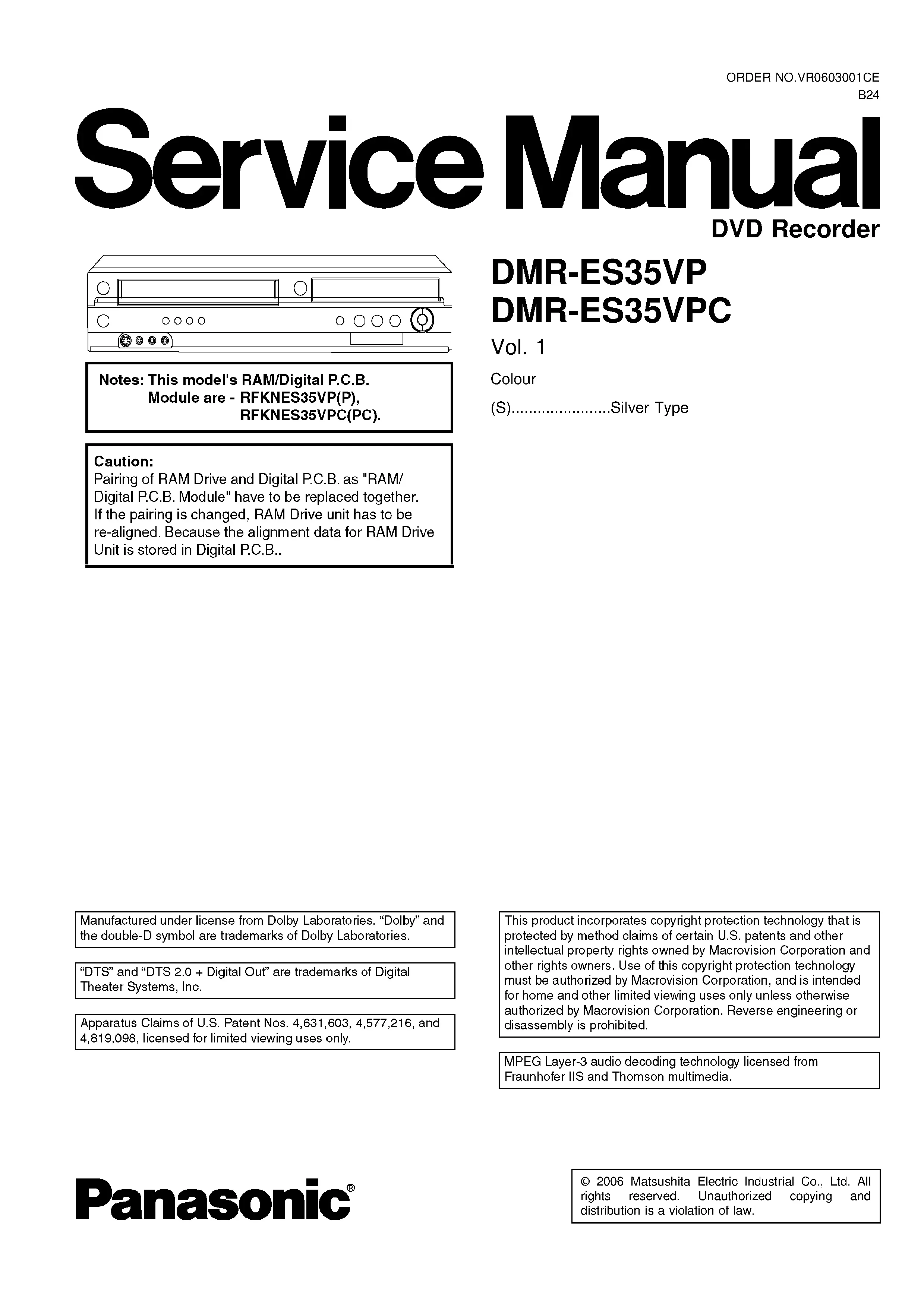 Panasonic dmr es35v es35vpc es35vp service manual cover