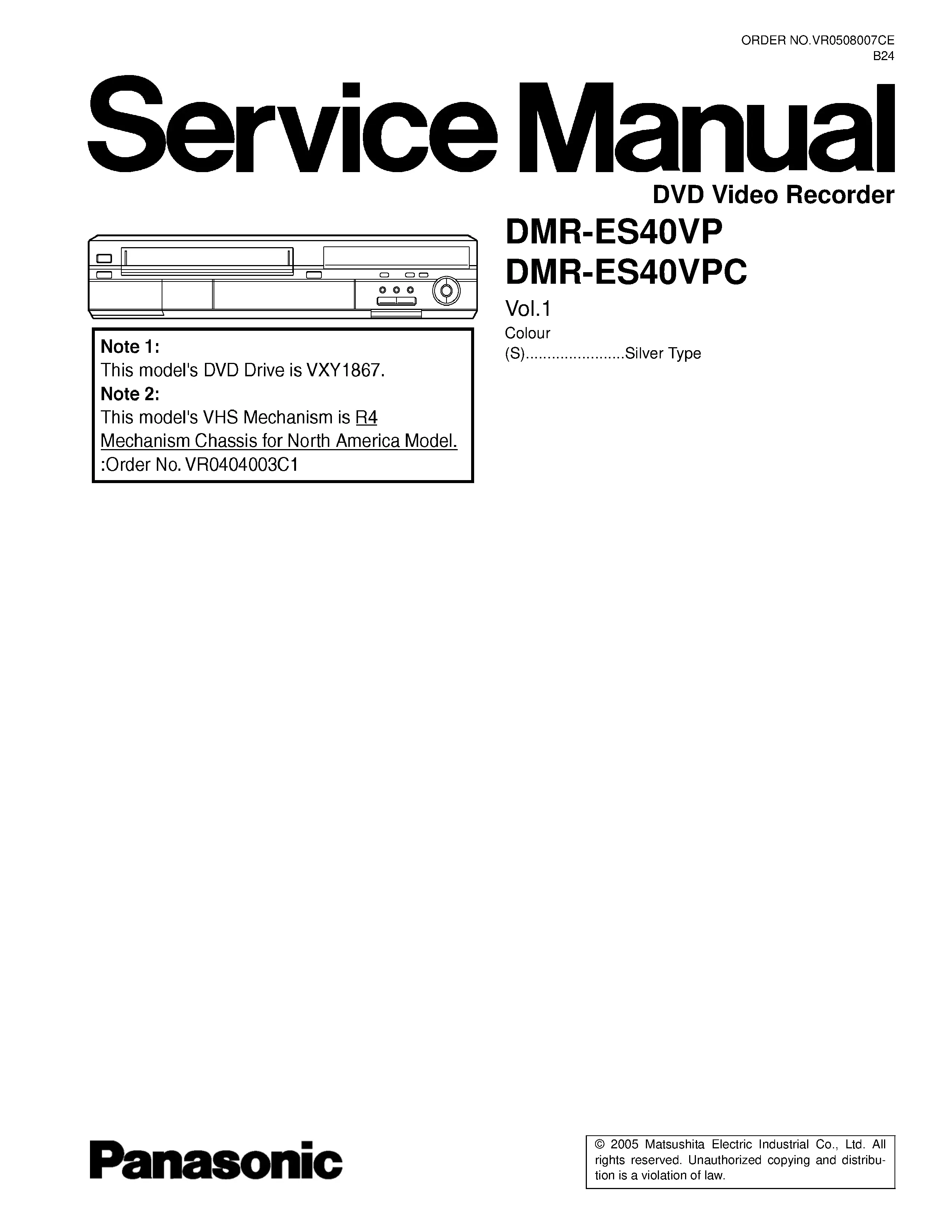 Panasonic dmr es40v es40vpc es40vp service manual cover