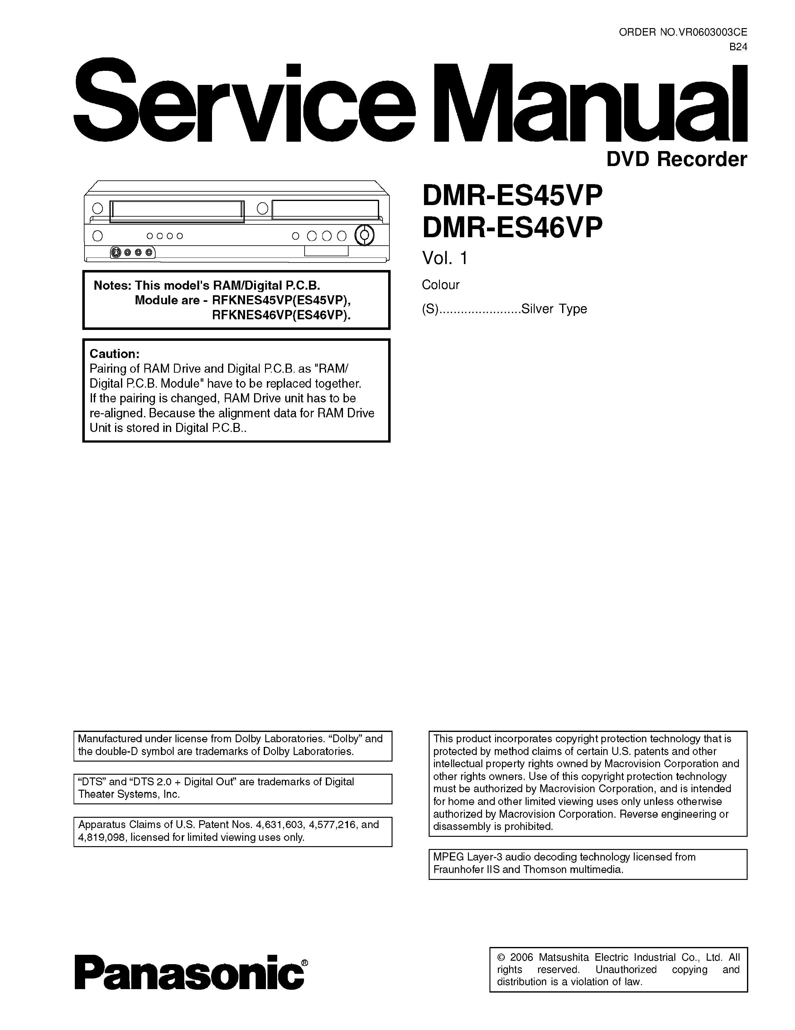 Panasonic dmr es45 es46 es45vp es46vp service manual cover