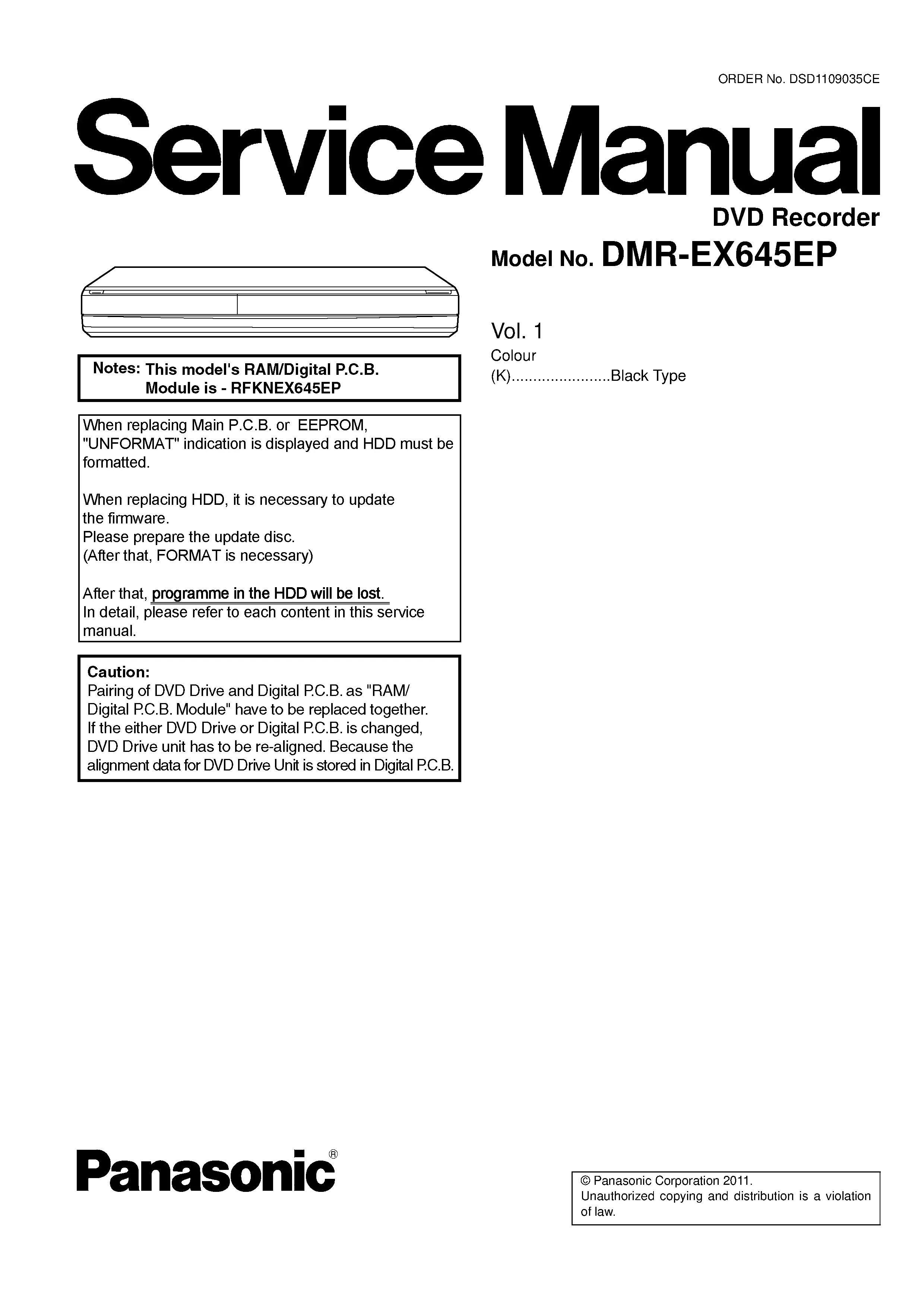 Panasonic dmr ex645 ex645ep service manual cover